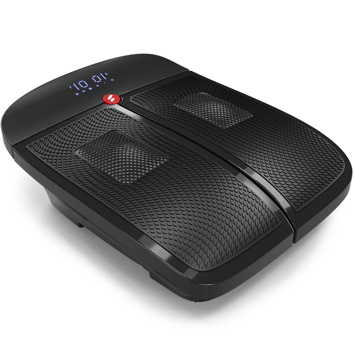 VX350 Fußmassagegerät in Schwarz, 3/4-Ansicht mit zwei genoppten Fußflächen und LED-Anzeige