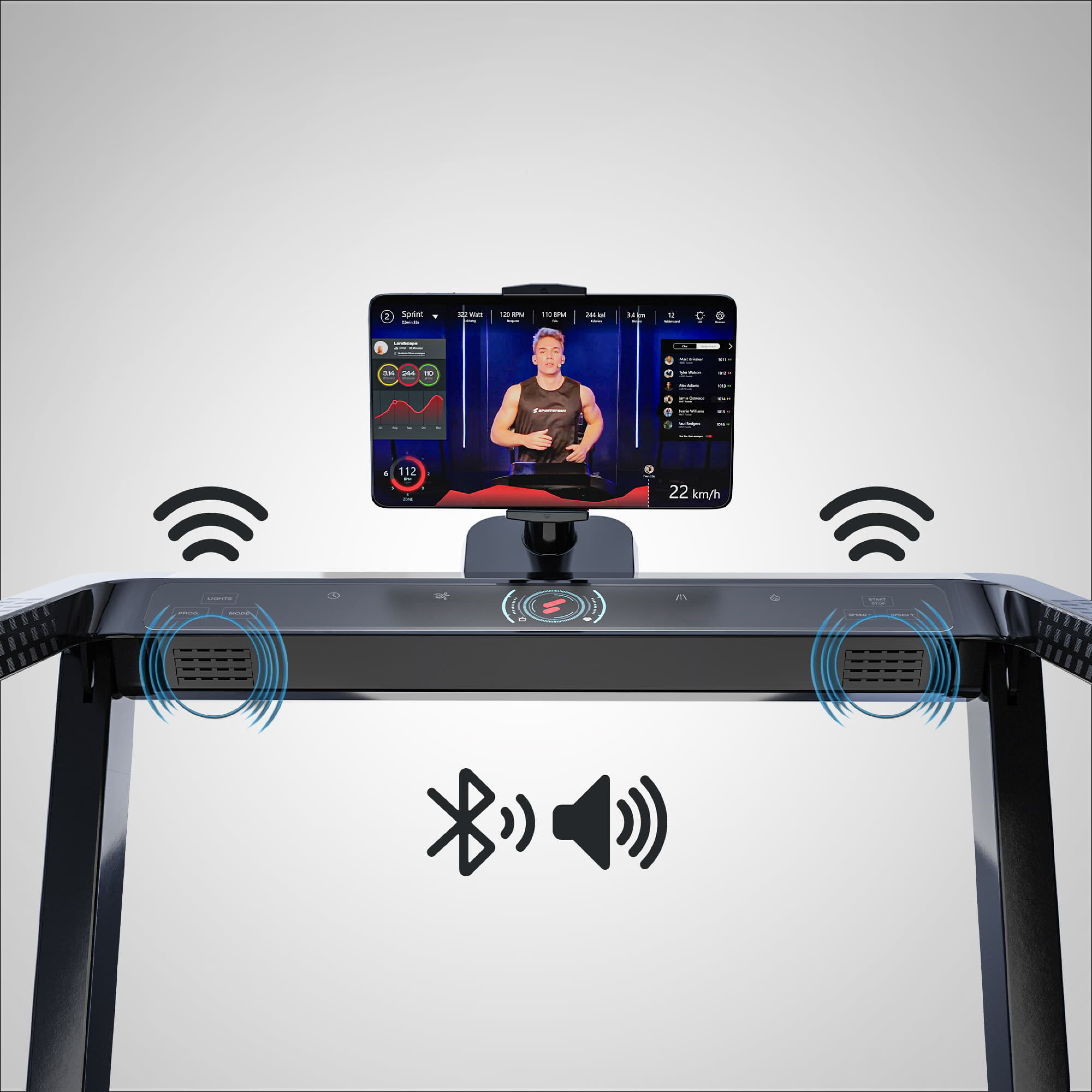 Infografik: Tablet auf Konsole mit integrierten Bluetooth-Lautsprechern und Schallwellen-Symbolen