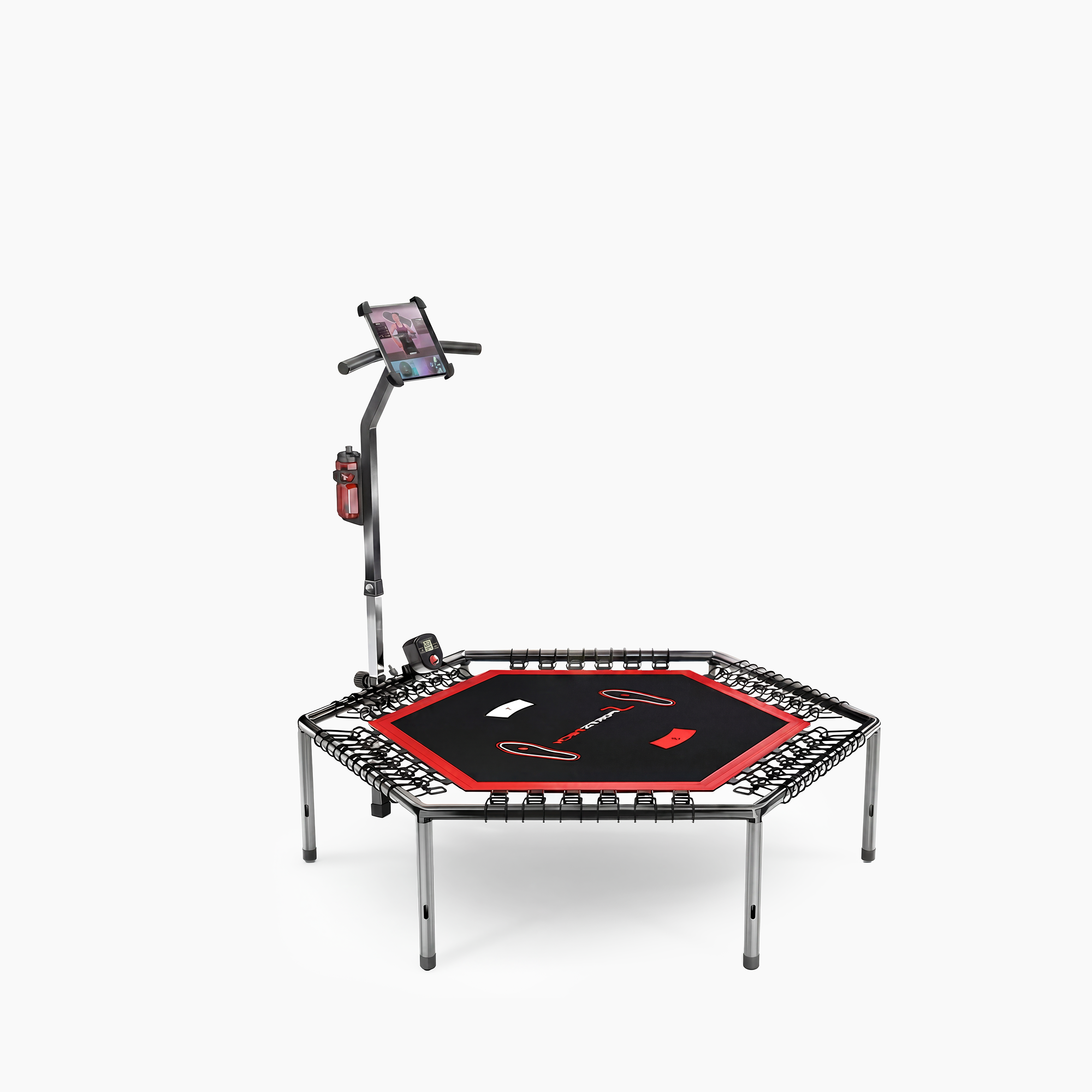 HTX100 Fitness-Trampolin, sechseckig mit rot-schwarzer Sprungfläche, Haltestange, Tablet-Halter und Trinkflasche