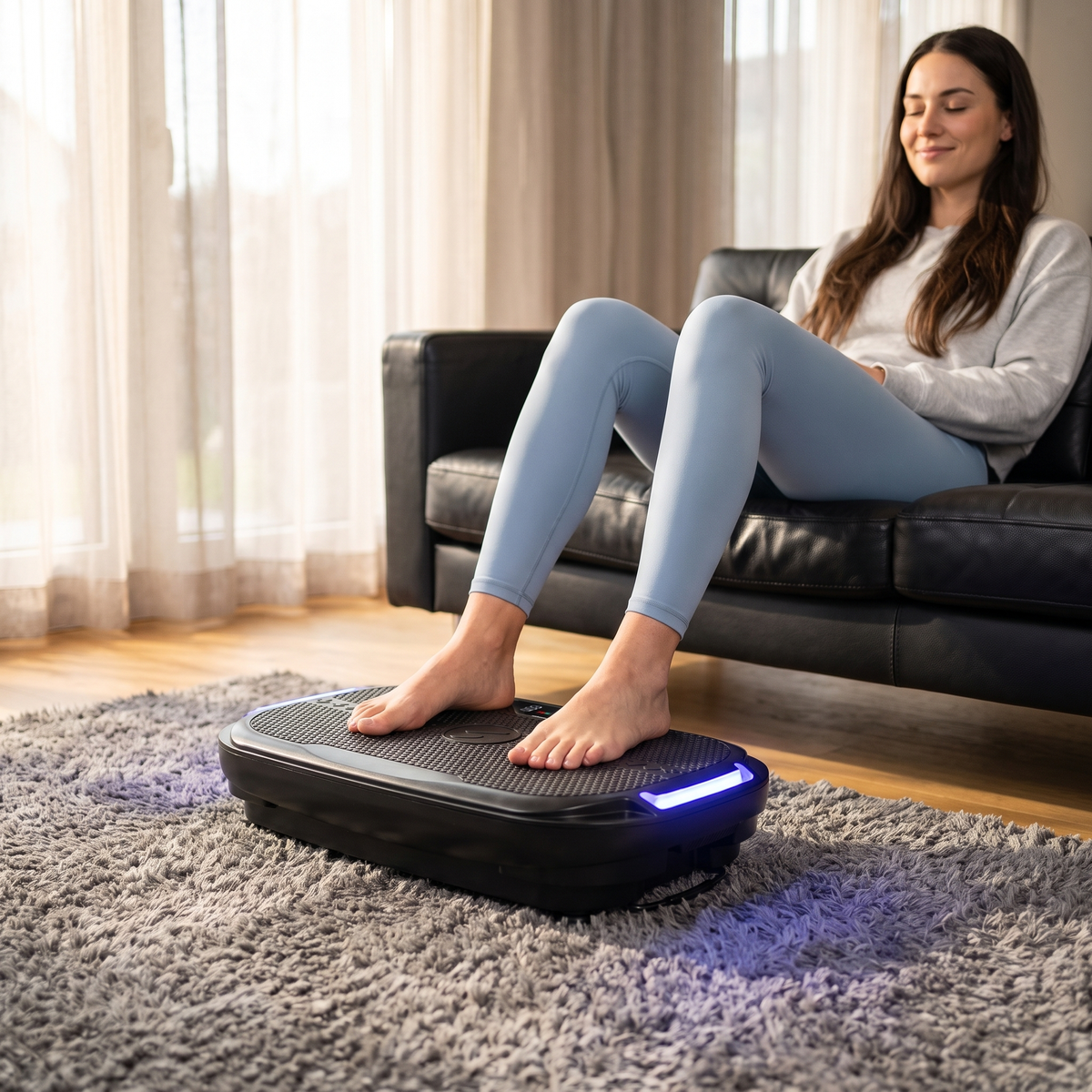 Frau sitzt entspannt auf dem Sofa, nackte Füße auf der VP275 Vibrationsplatte zur Massage