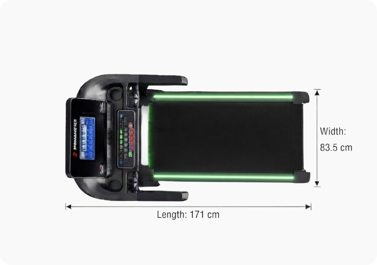 F37s Laufband von oben mit Maßen: Länge 171 cm, Breite 83,5 cm
