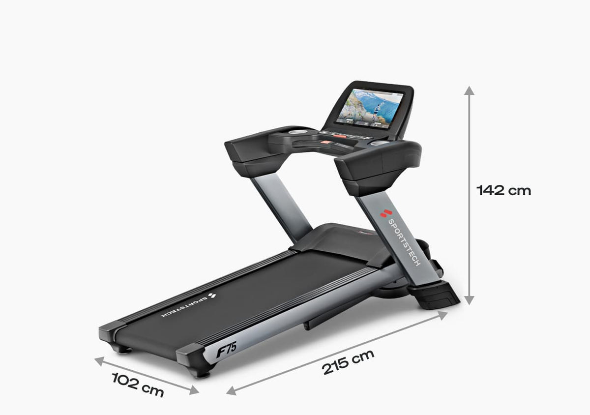 F75 Laufband mit Maßangaben 215 × 102 × 142 cm