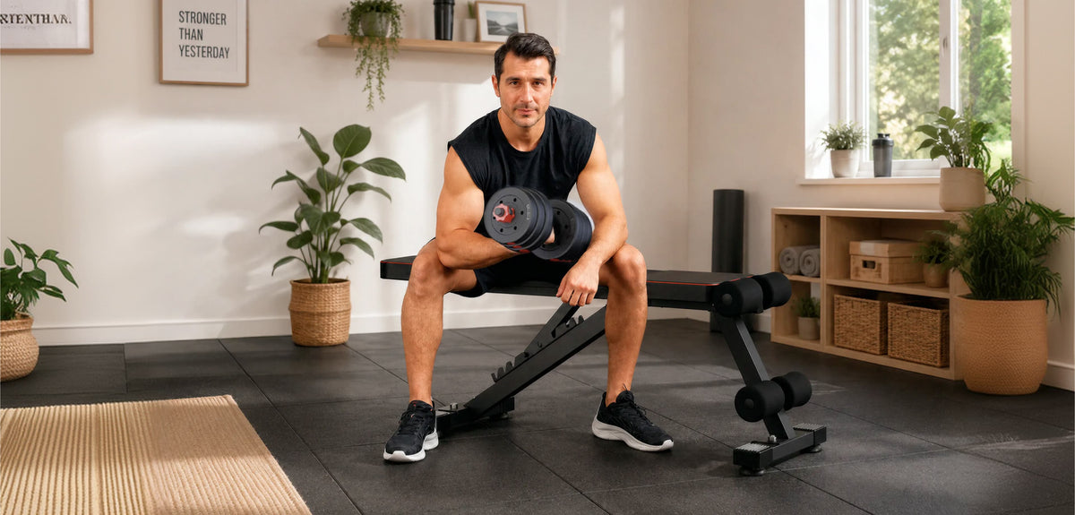 Mann sitzt auf verstellbarer Hantelbank und trainiert mit Kurzhantel im Home-Gym