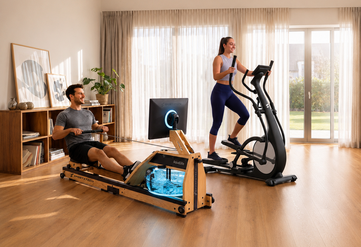 Mann rudert am Holz-Wasserrudergerät, Frau trainiert daneben am Crosstrainer im hellen Wohnzimmer