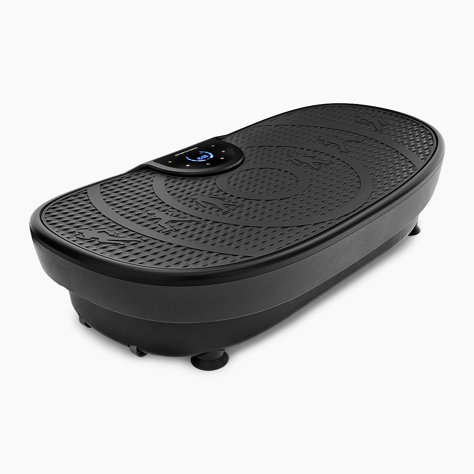 VP250 Vibrationsplatte in Schwarz, 3/4-Ansicht mit ovaler Trittfläche und rundem LC-Display