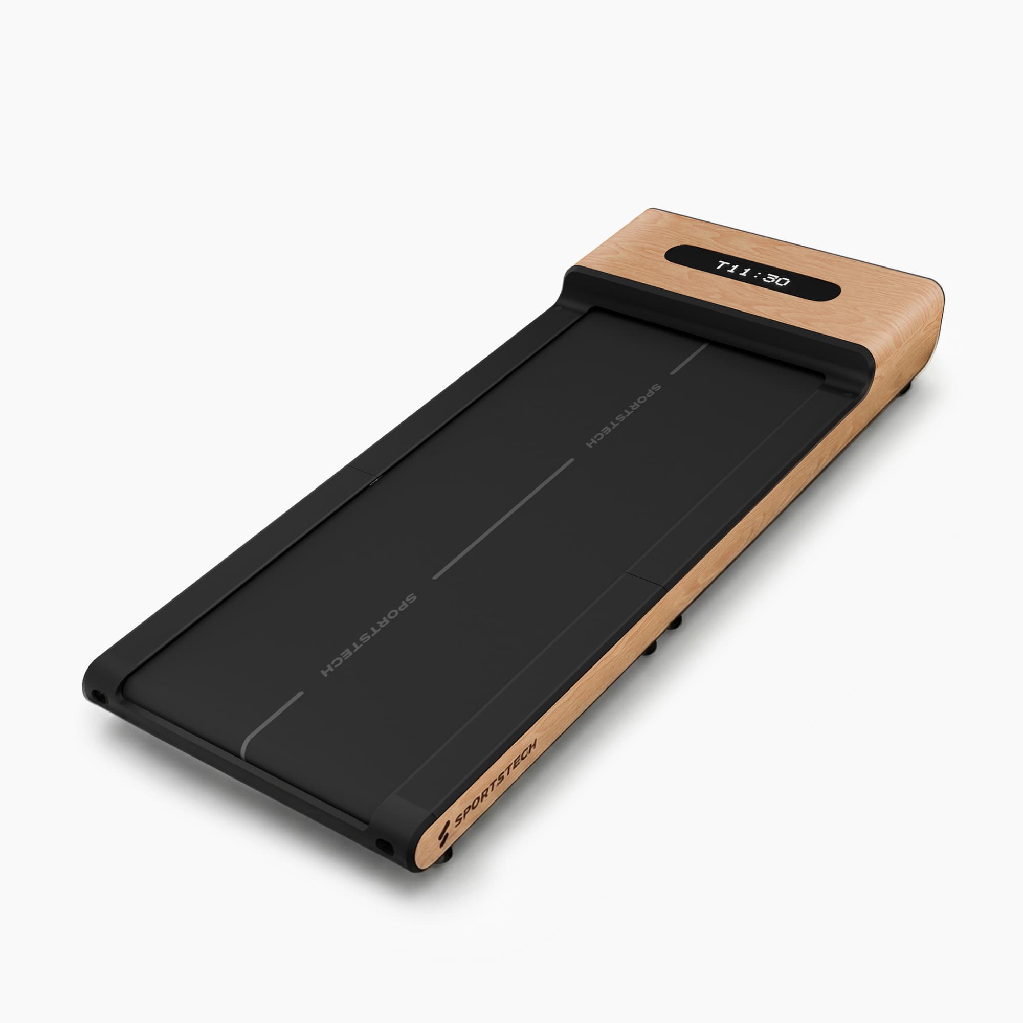 WoodPad Pro Laufband in Holzoptik hellbraun, 3/4-Ansicht von oben mit LED-Display