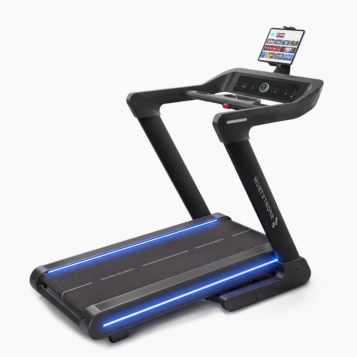 sTread Lite Laufband in 3/4-Ansicht, schwarz mit blau beleuchteter Lauffläche, Konsole und Tablet-Halter