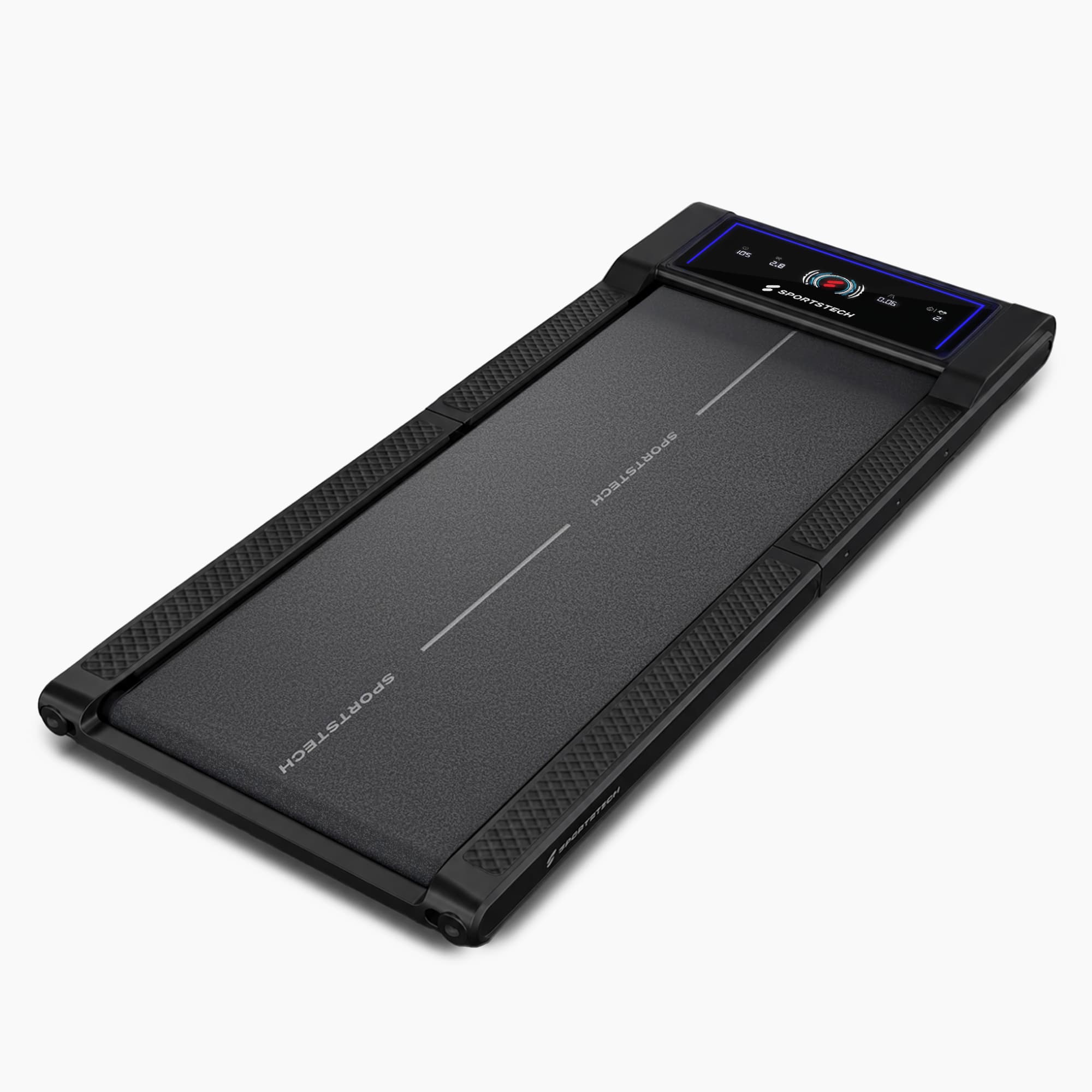 sWalk Fold Walking Pad in 3/4-Ansicht, flaches schwarzes Laufband mit blau umrandetem Display
