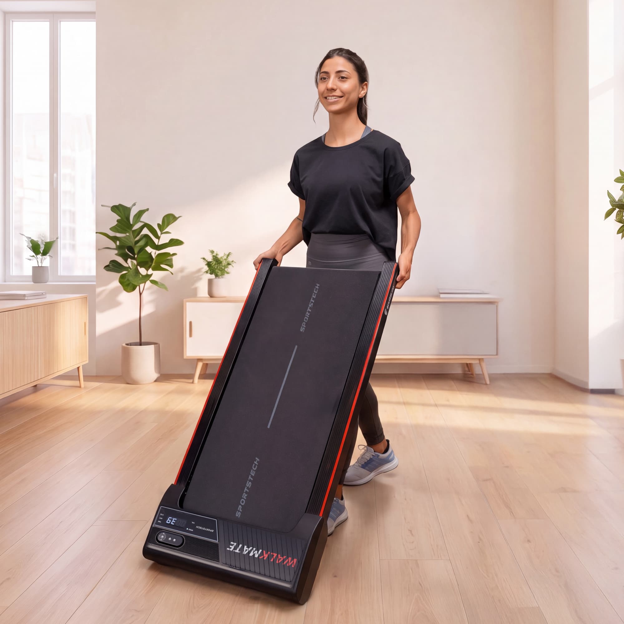 Frau bewegt das hochkant aufgestellte Walkmate Walking Pad durch einen hellen Raum