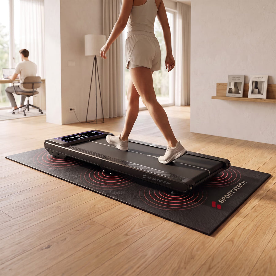 Walking Pad auf der mittleren Bodenschutzmatte, rote Wellen zeigen die gedämpften Vibrationen