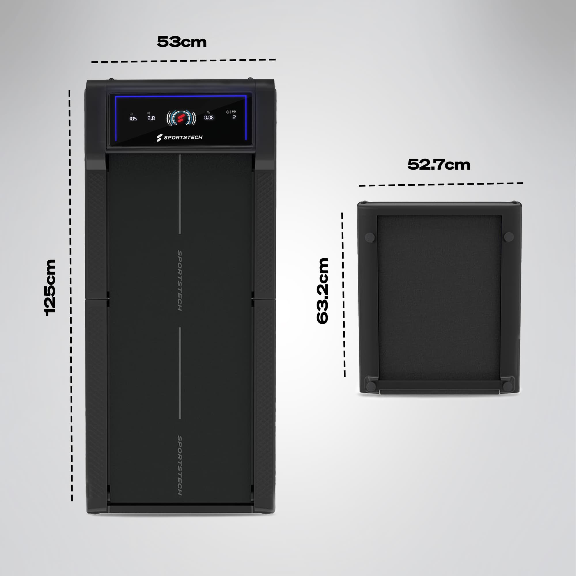 sWalk Fold Walking Pad von oben und zusammengeklappt, Maßangaben 53 cm, 125 cm, 52,7 cm, 63,2 cm