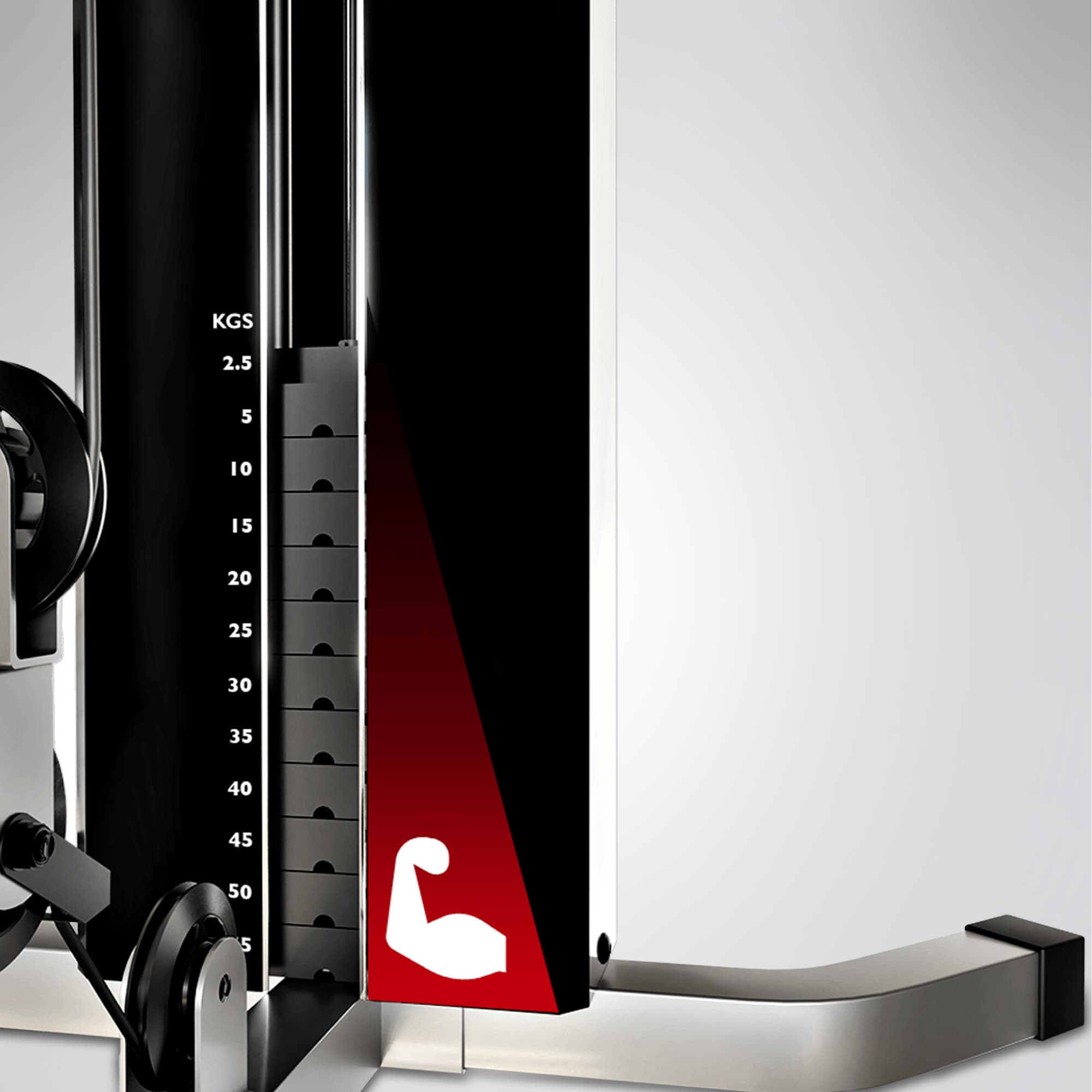 Nahaufnahme des Gewichtsblocks der HGX100 mit KGS-Skala von 2,5 bis 55 und weißem Bizeps-Symbol
