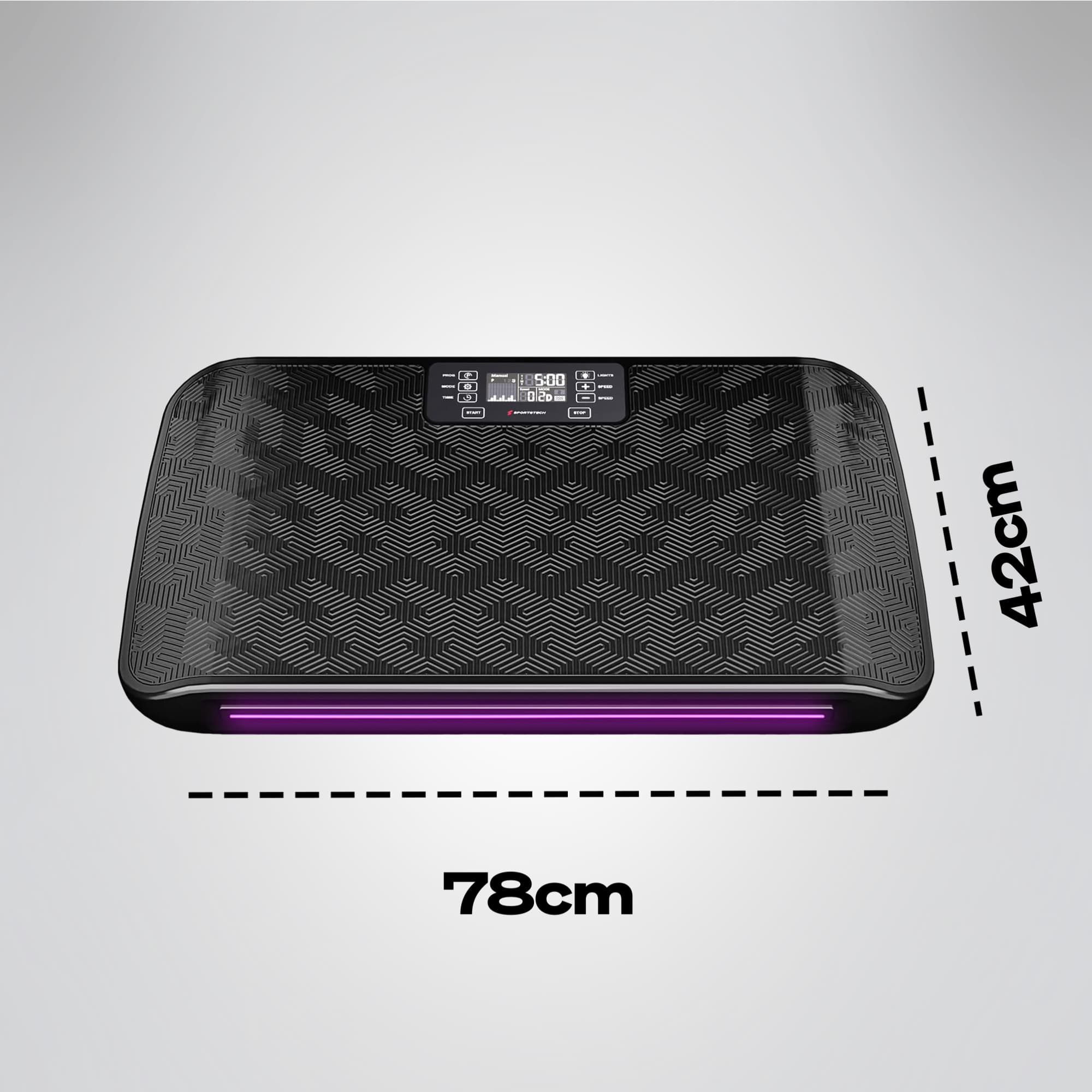 Draufsicht der sVibe Vibrationsplatte mit Display und Maßangaben 78 cm x 42 cm