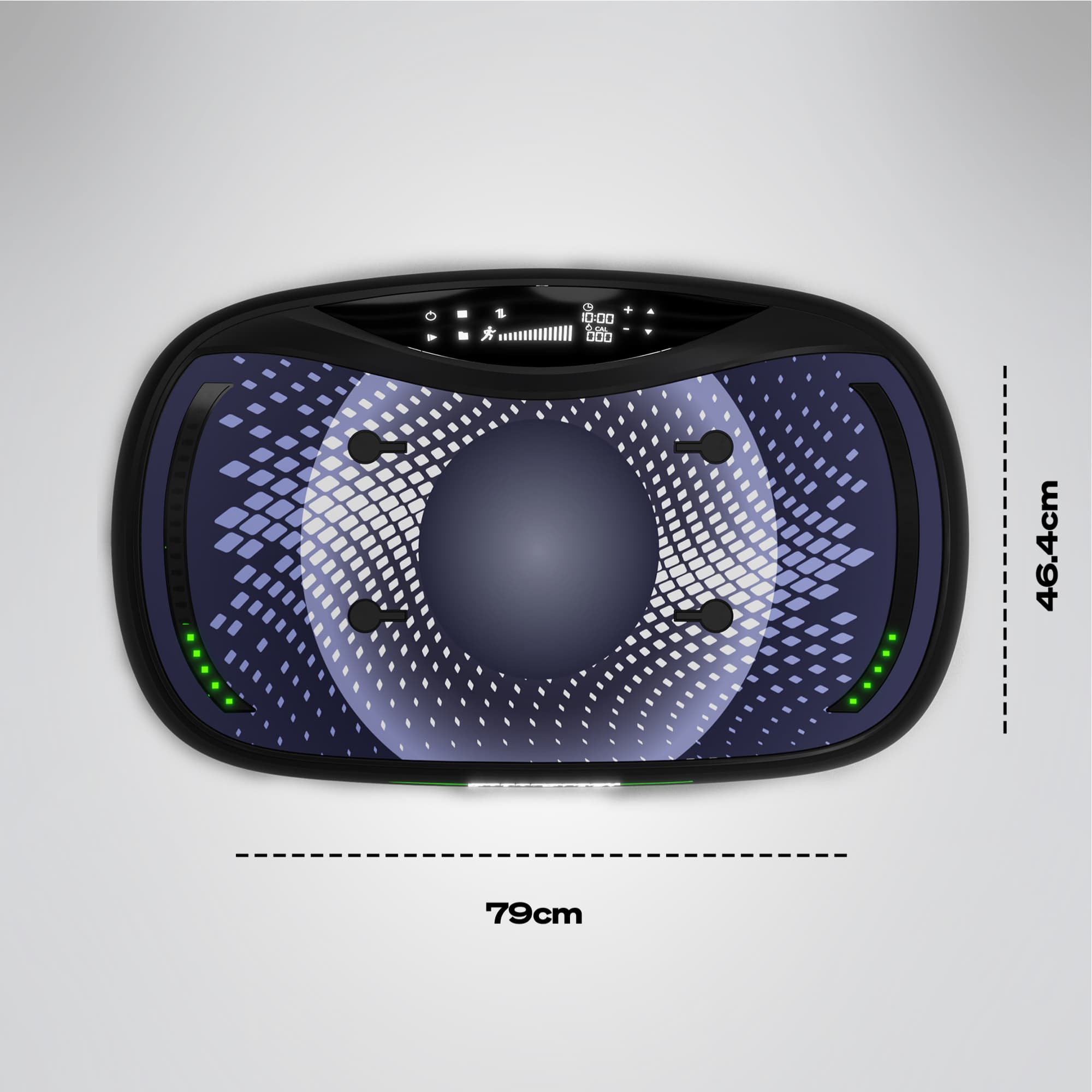Draufsicht der VP500 Vibrationsplatte mit Touch-Display und Maßangaben 79 cm x 46,4 cm