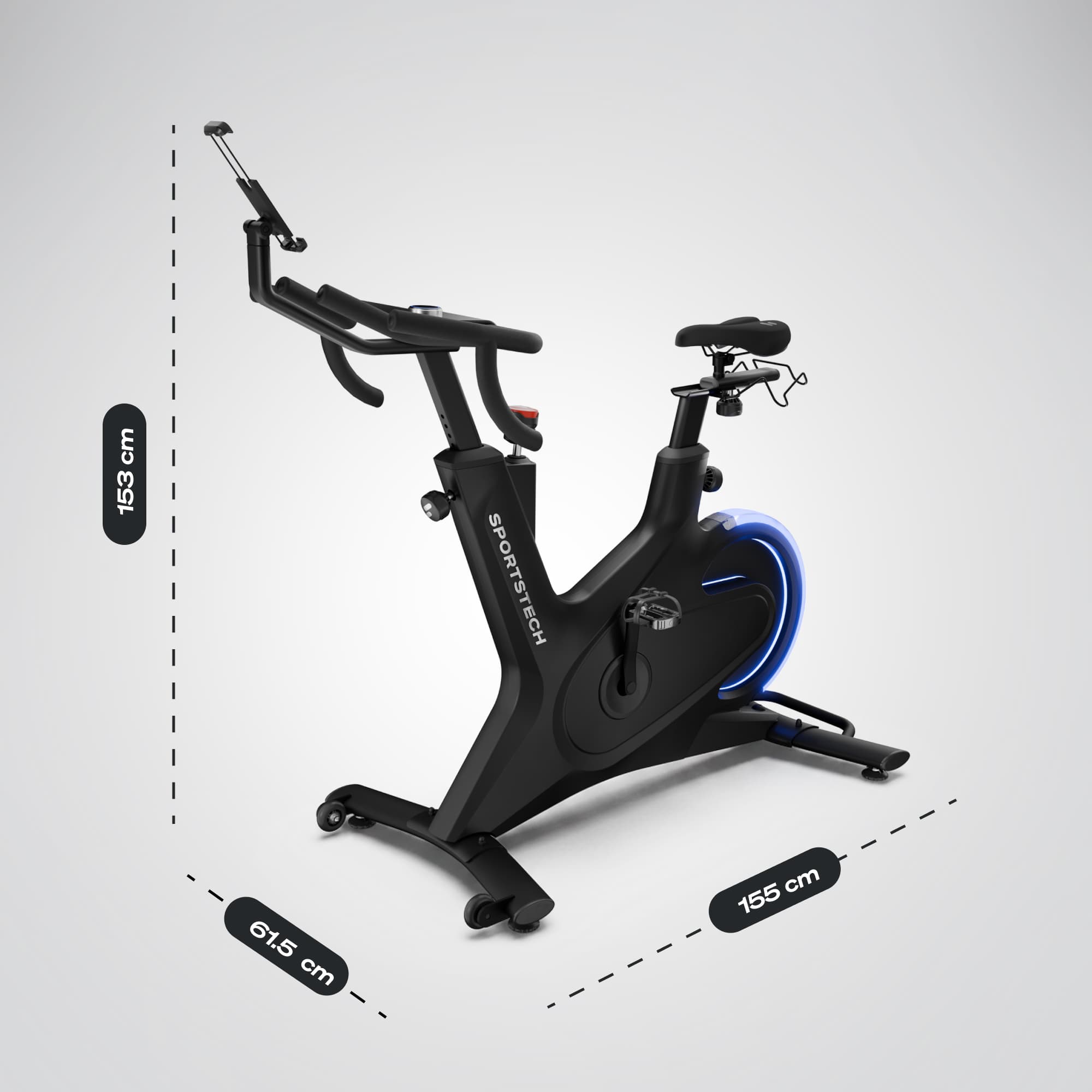 sBike Lite in Seitenansicht mit Maßangaben 153 cm Höhe, 155 cm Länge und 61,5 cm Breite