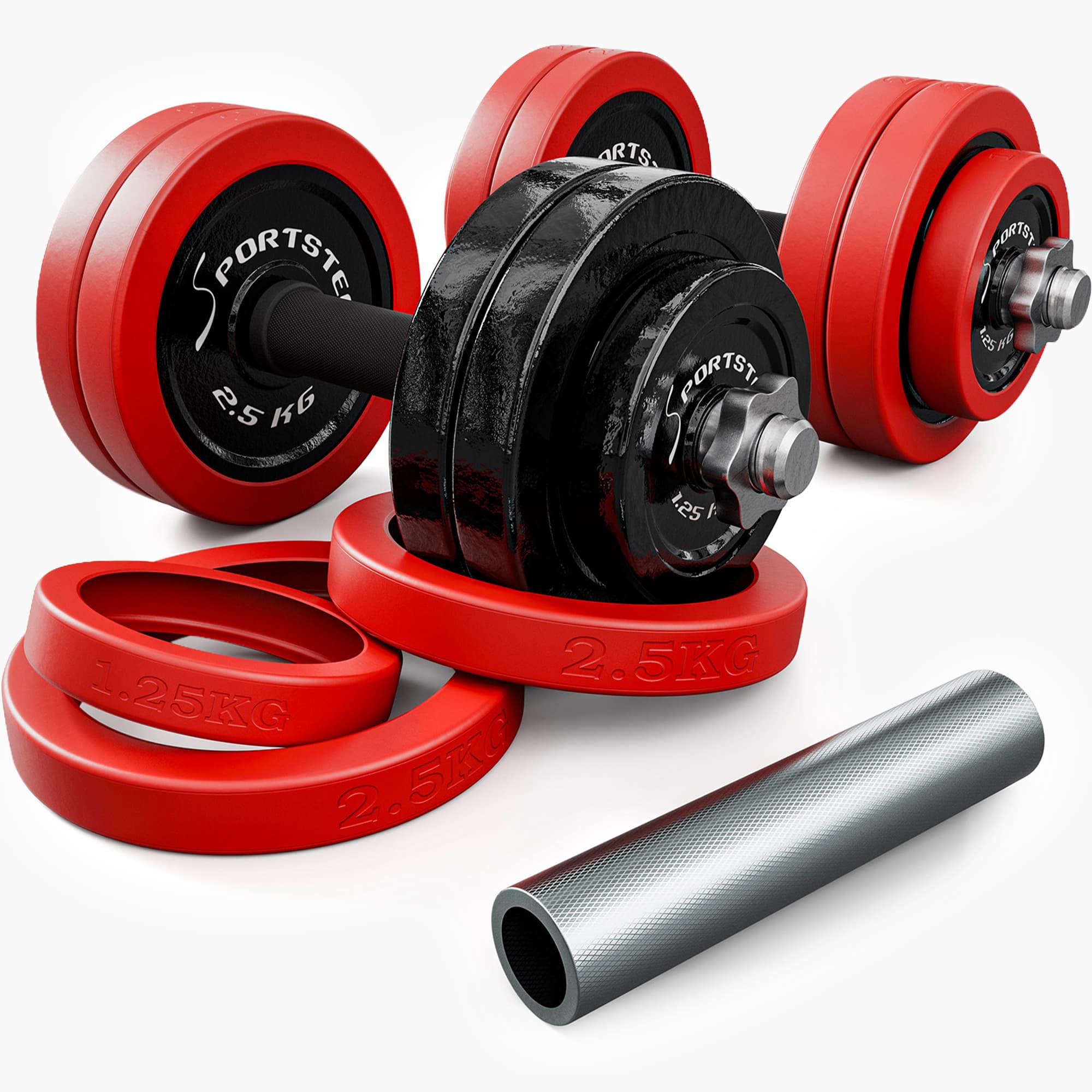 AH300 Set 2x 15 kg: Kurzhanteln mit roten und schwarzen Gusseisen-Scheiben, rote Ringe und Chromstange
