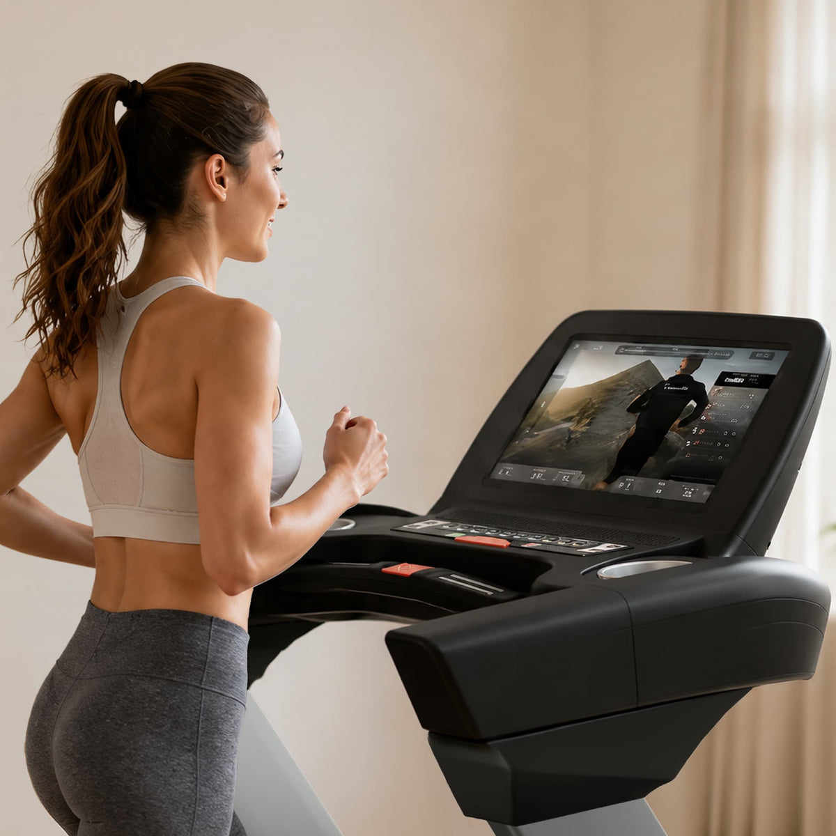 Frau trainiert am F75 Profi-Laufband und blickt auf das 21,5-Zoll-Touchdisplay mit Sportstech Live Kurs