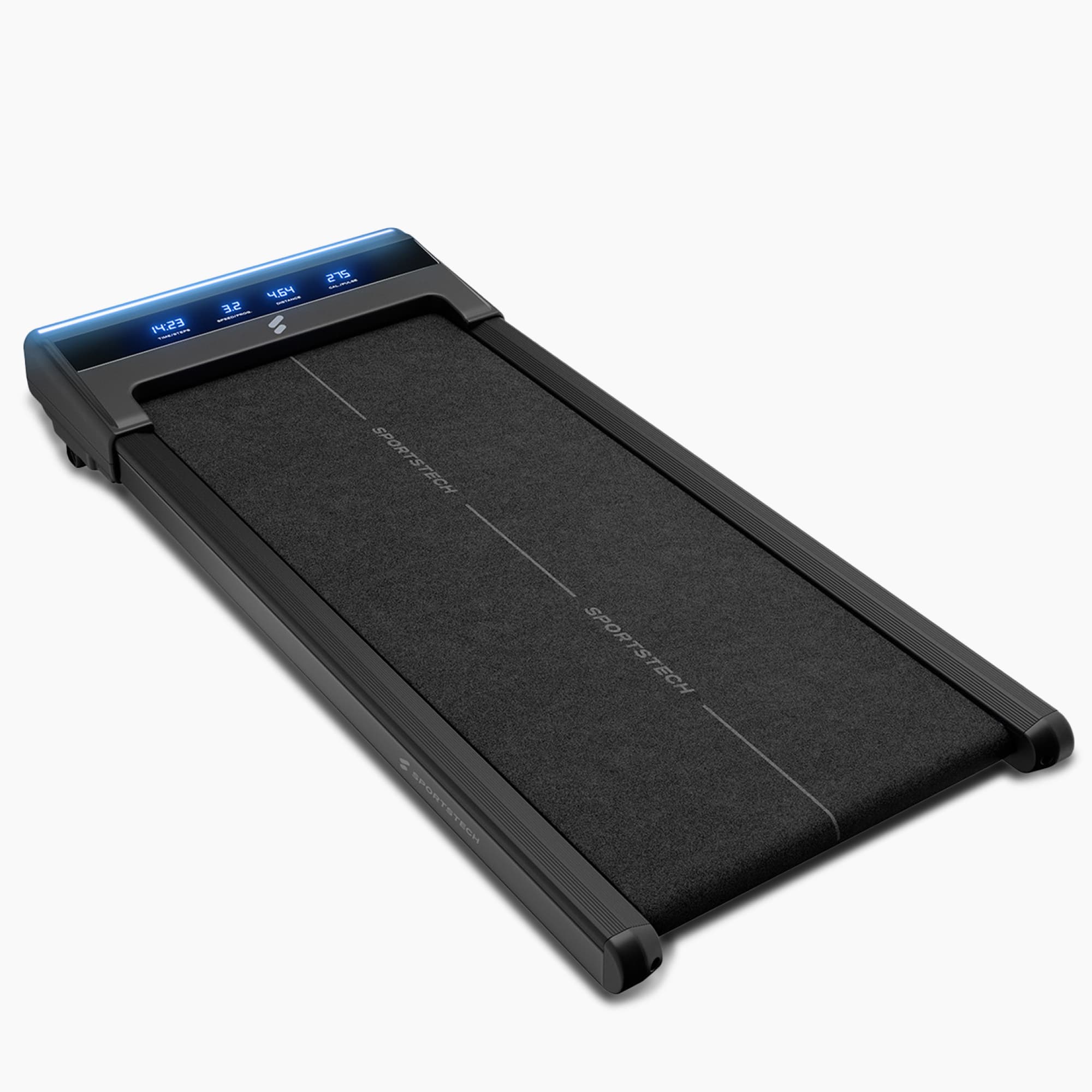 sWalk Lite Walking Pad in Schwarz, 3/4-Ansicht mit blauem Display und LED-Leiste