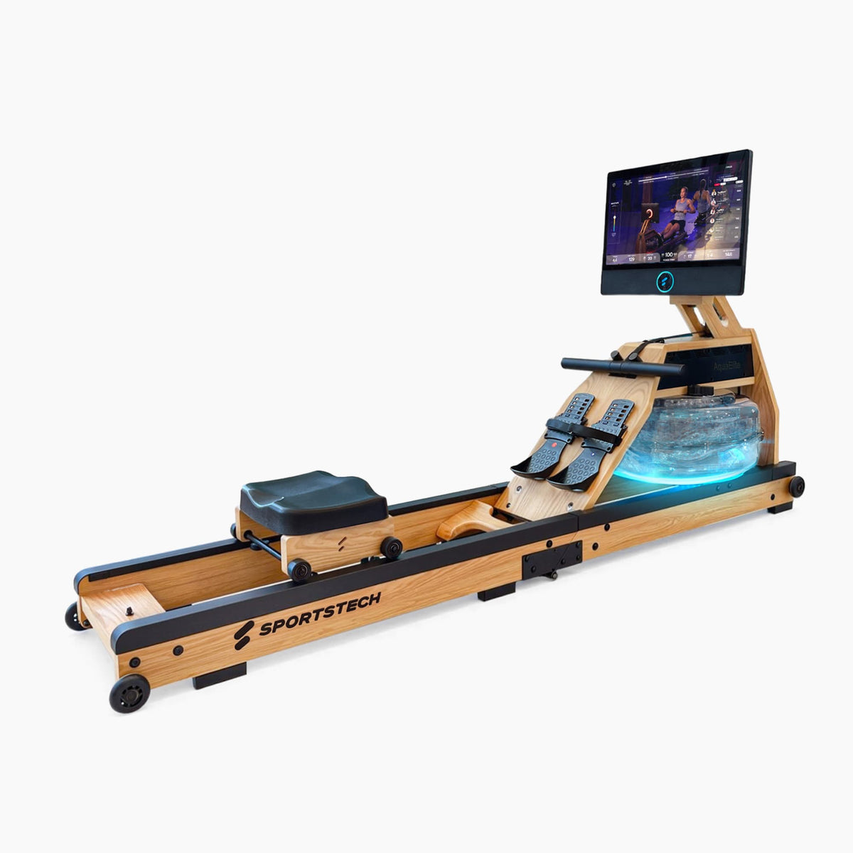 Aqua Elite in hellem Holz von schräg vorn mit großem 21,5-Zoll-Touchdisplay und blau leuchtendem Tank