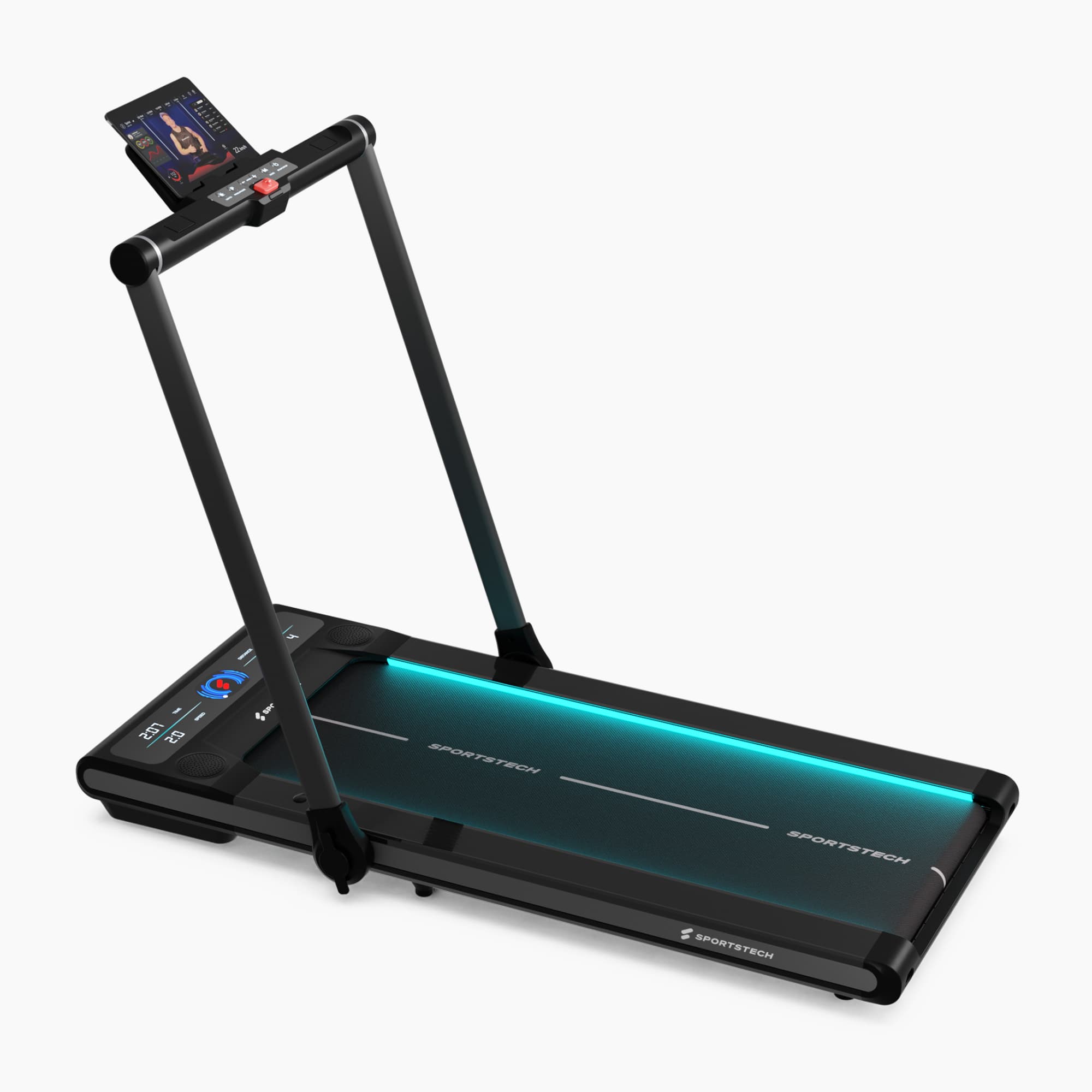 sWalk Plus Laufband in 3/4-Ansicht mit klappbarem Haltebügel, Tablet-Halterung und türkisem LED-Streifen