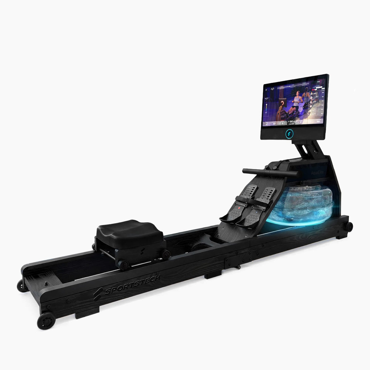 Schwarzes Aqua Elite von schräg vorn mit 21,5-Zoll-Touchdisplay und blau beleuchtetem Wassertank