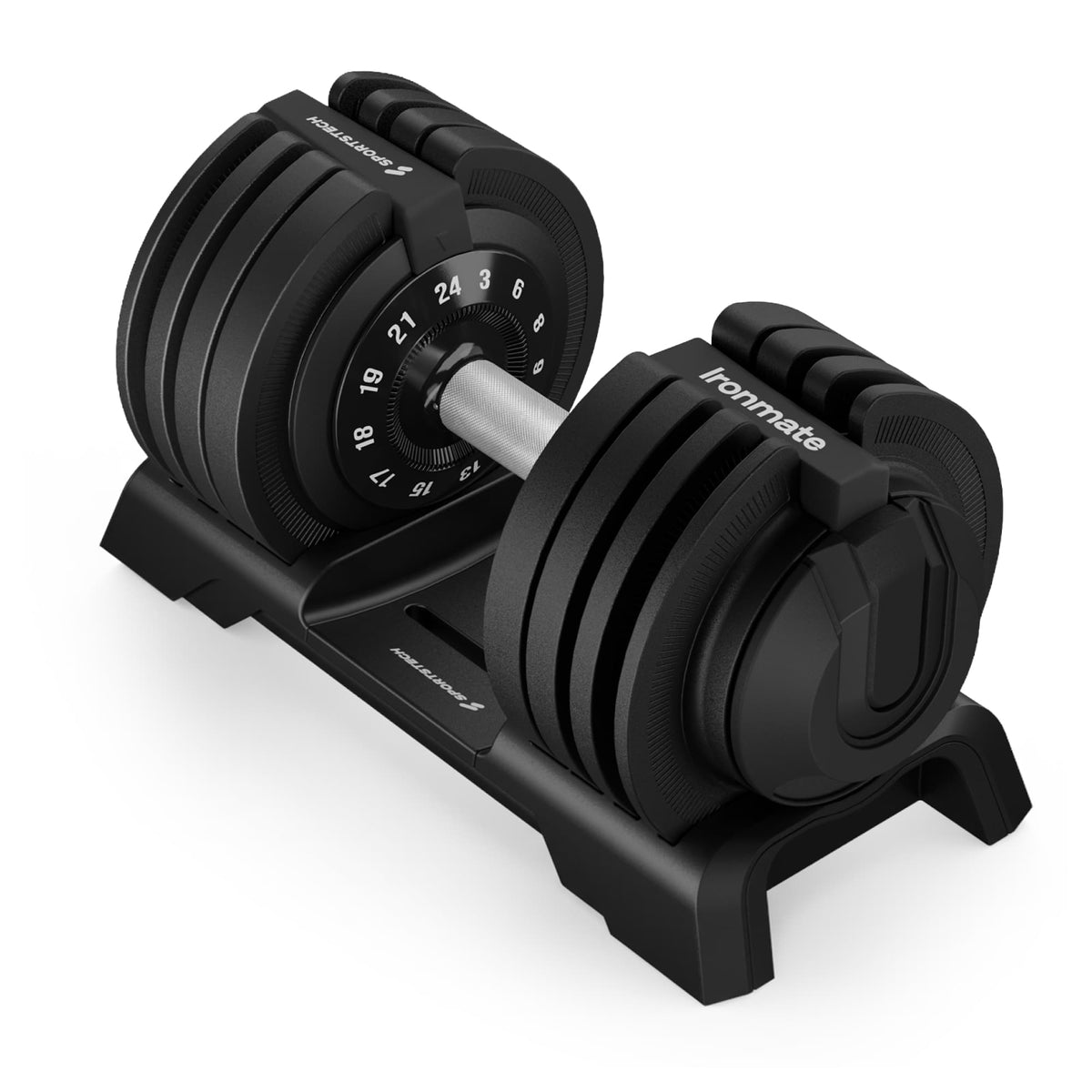 Ironmate Kurzhantel mit 24 kg schräg von oben in der Ablageschale, Stellrad steht auf 24