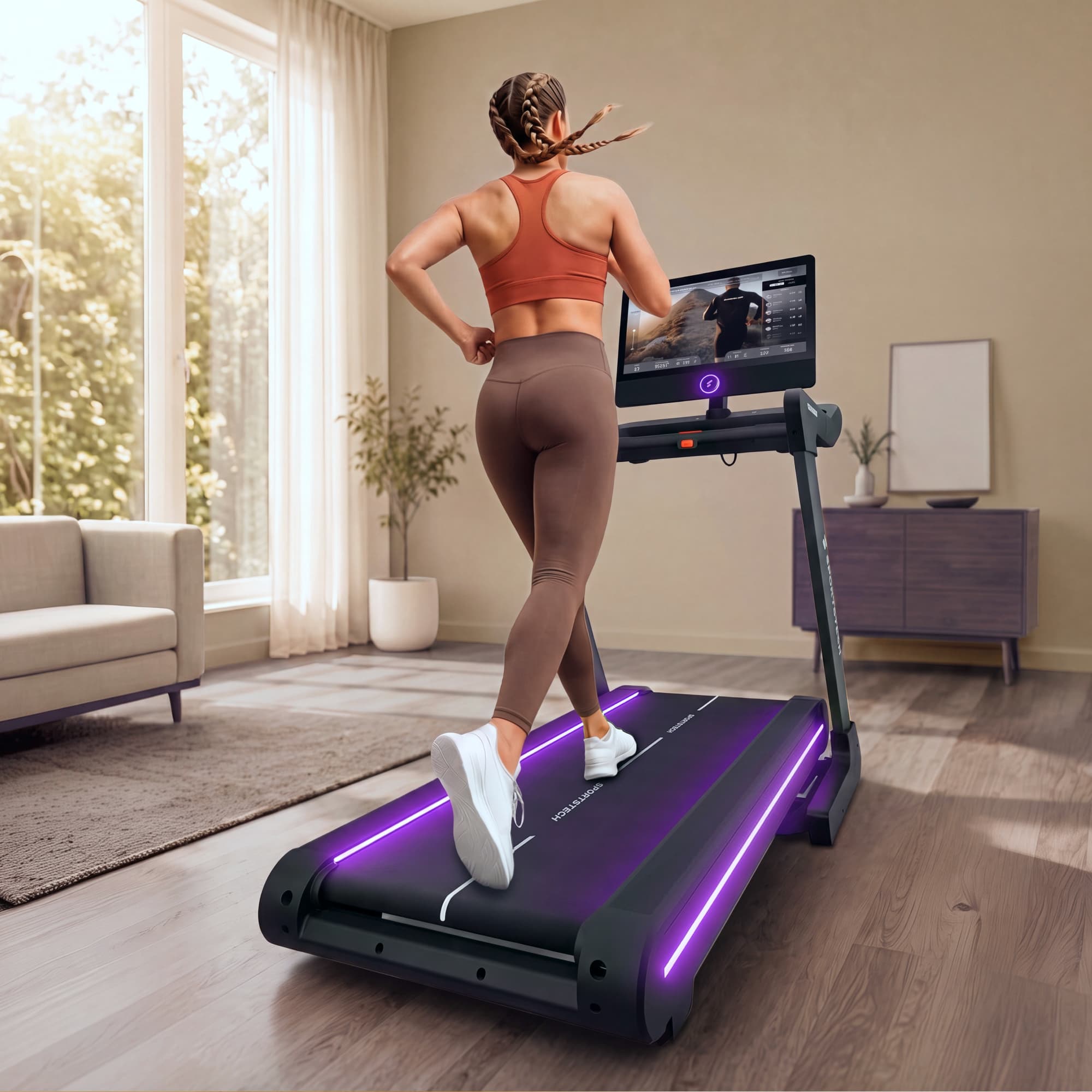 Frau läuft auf dem sTread Pro Laufband mit lila beleuchteter Lauffläche in einem hellen Wohnraum