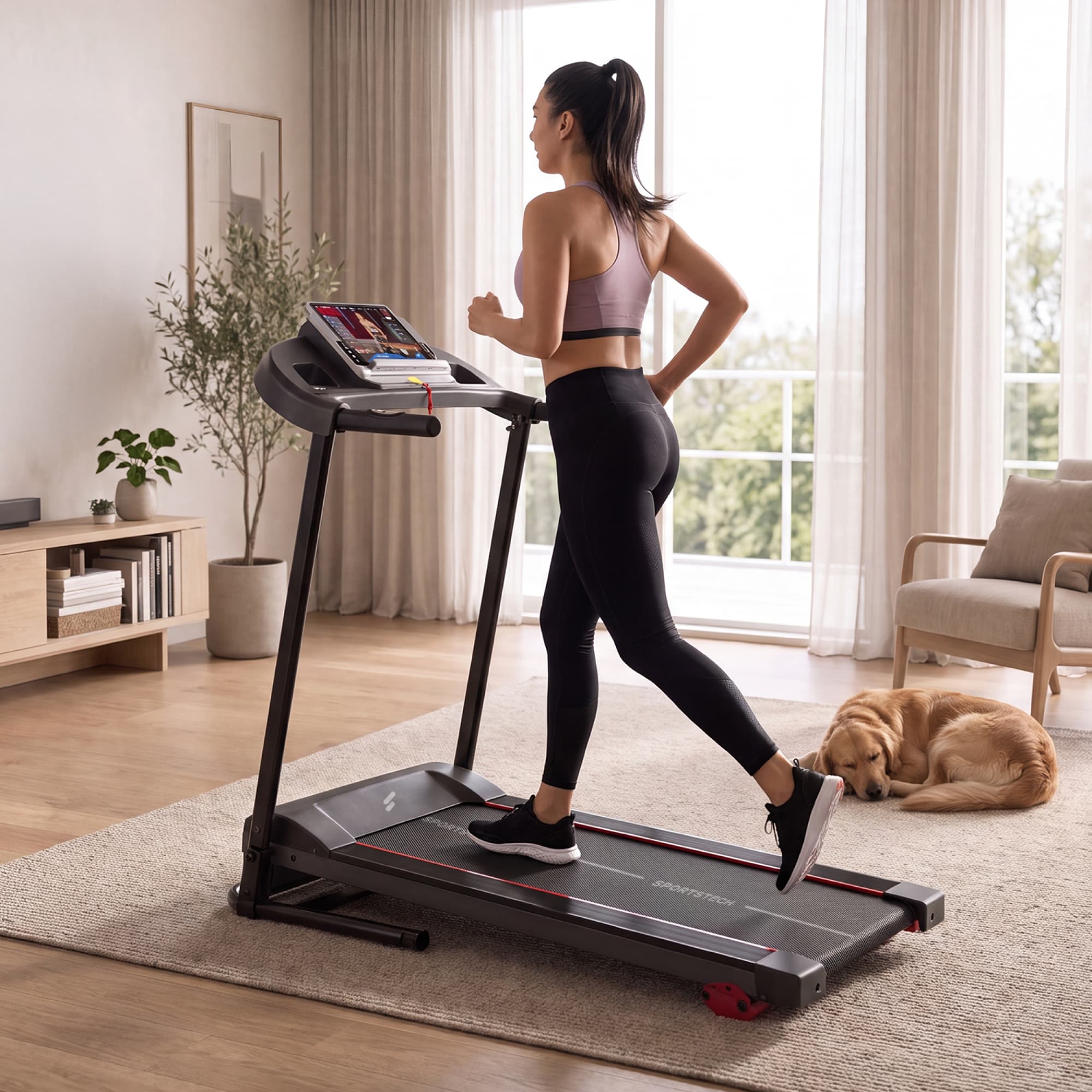 Frau joggt auf dem F10 Laufband in einem hellen Wohnzimmer, Hund liegt daneben, Tablet in der Halterung