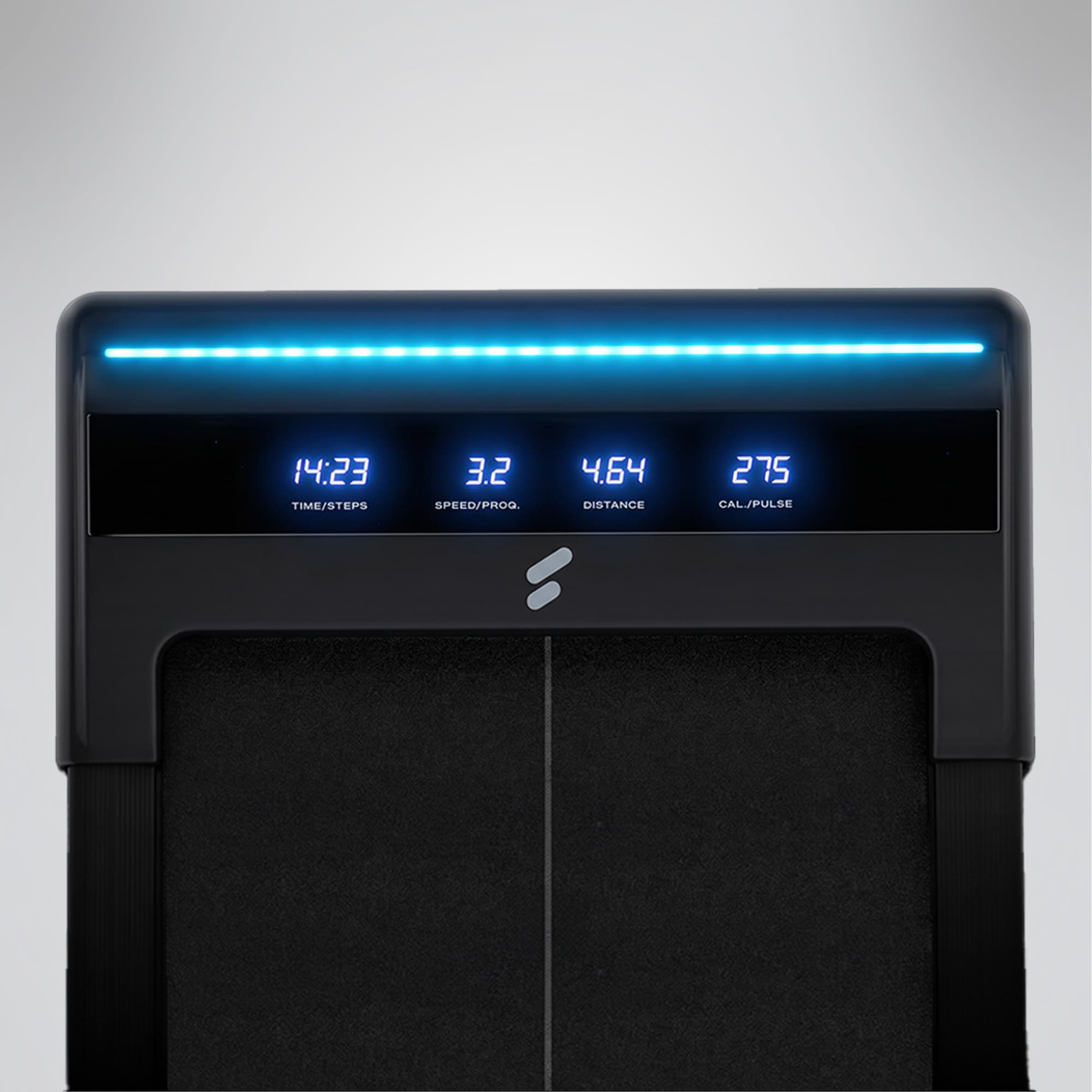 Nahaufnahme des sWalk-Lite-Displays mit Zeit, Geschwindigkeit, Distanz und Kalorien sowie LED-Leiste