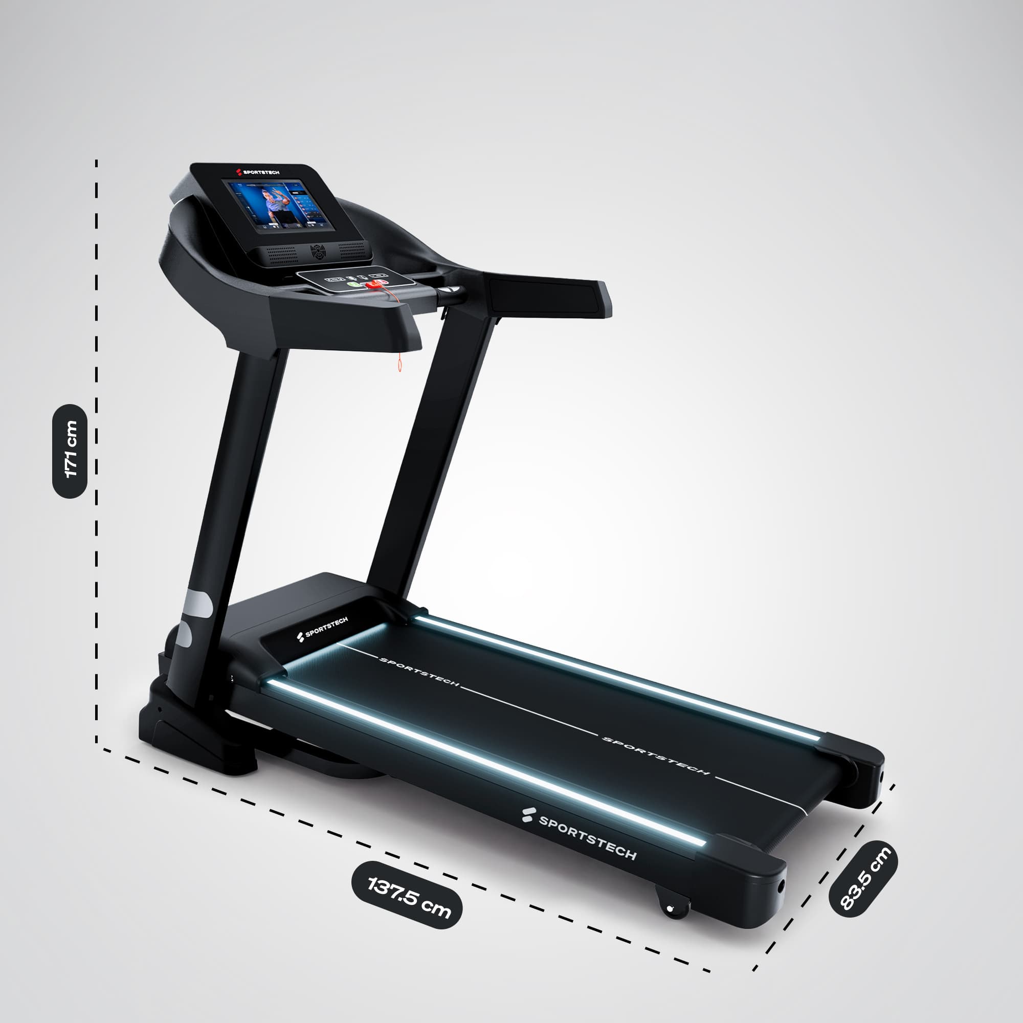 F37s Pro Laufband mit Maßangaben 171 cm Höhe, 137,5 cm Länge und 83,5 cm Breite, 3/4-Ansicht