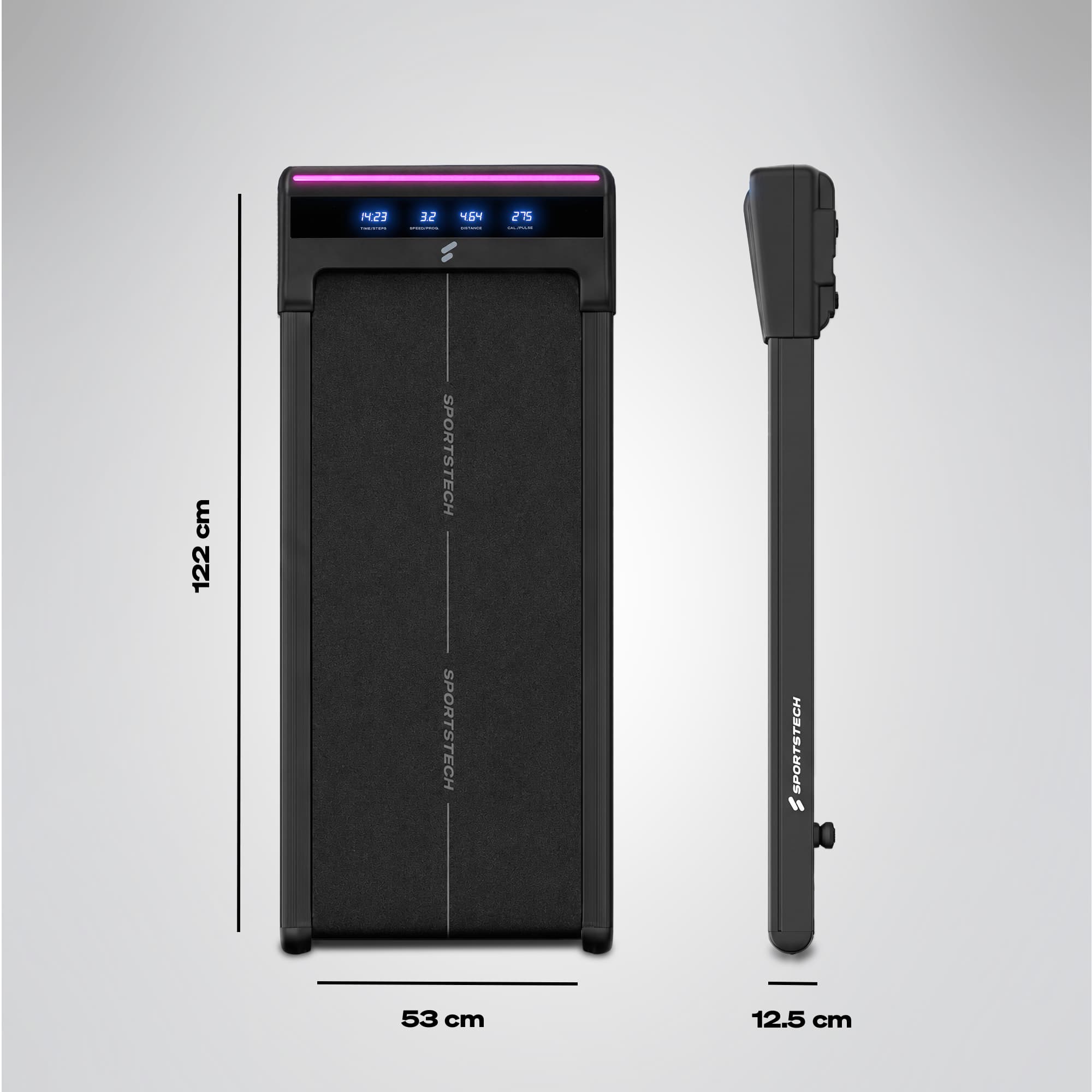 sWalk Lite Walking Pad mit Maßangaben: 122 cm Länge, 53 cm Breite und 12,5 cm Höhe