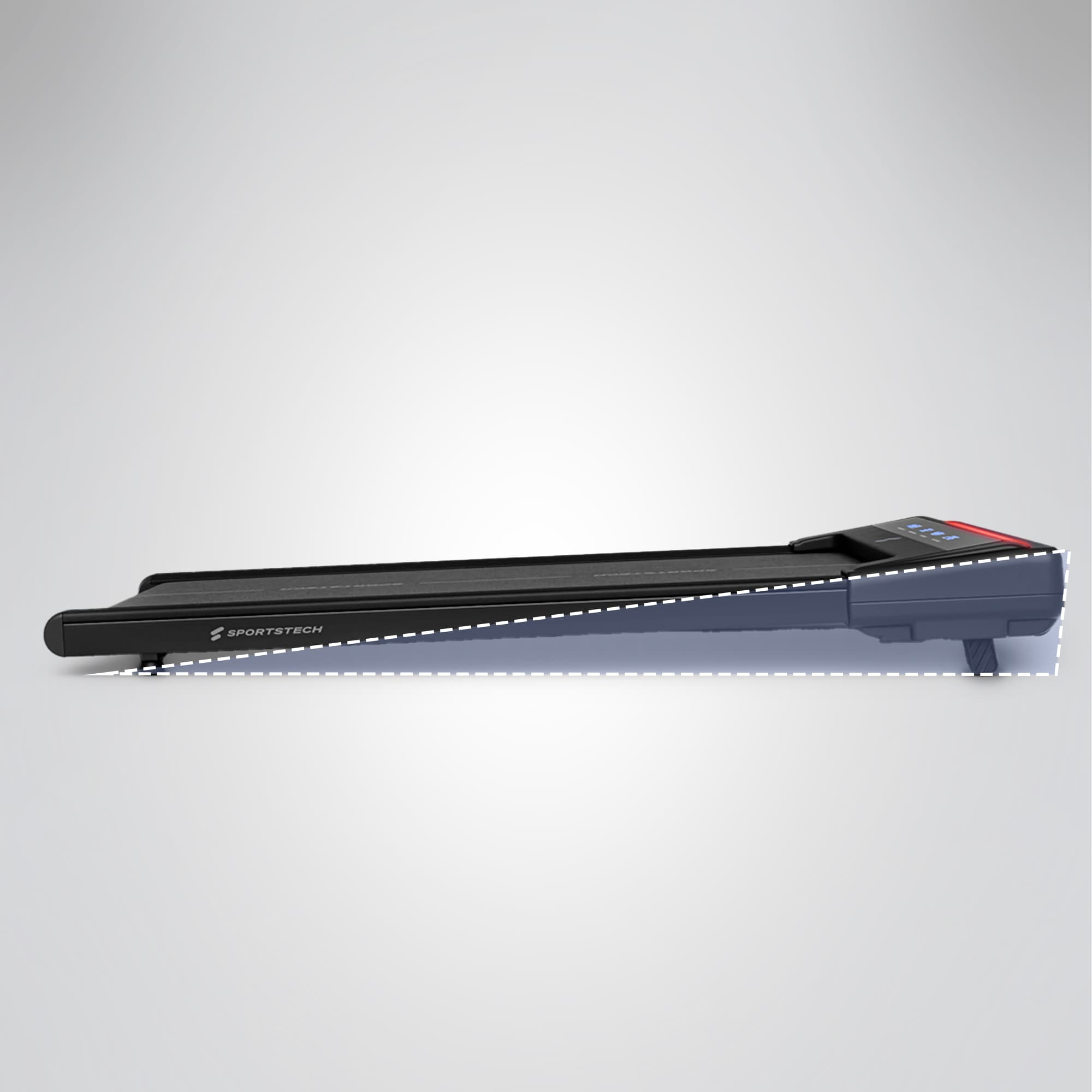 Seitenansicht des flachen sWalk Lite Walking Pad mit gestrichelter Konturlinie zur Höhe