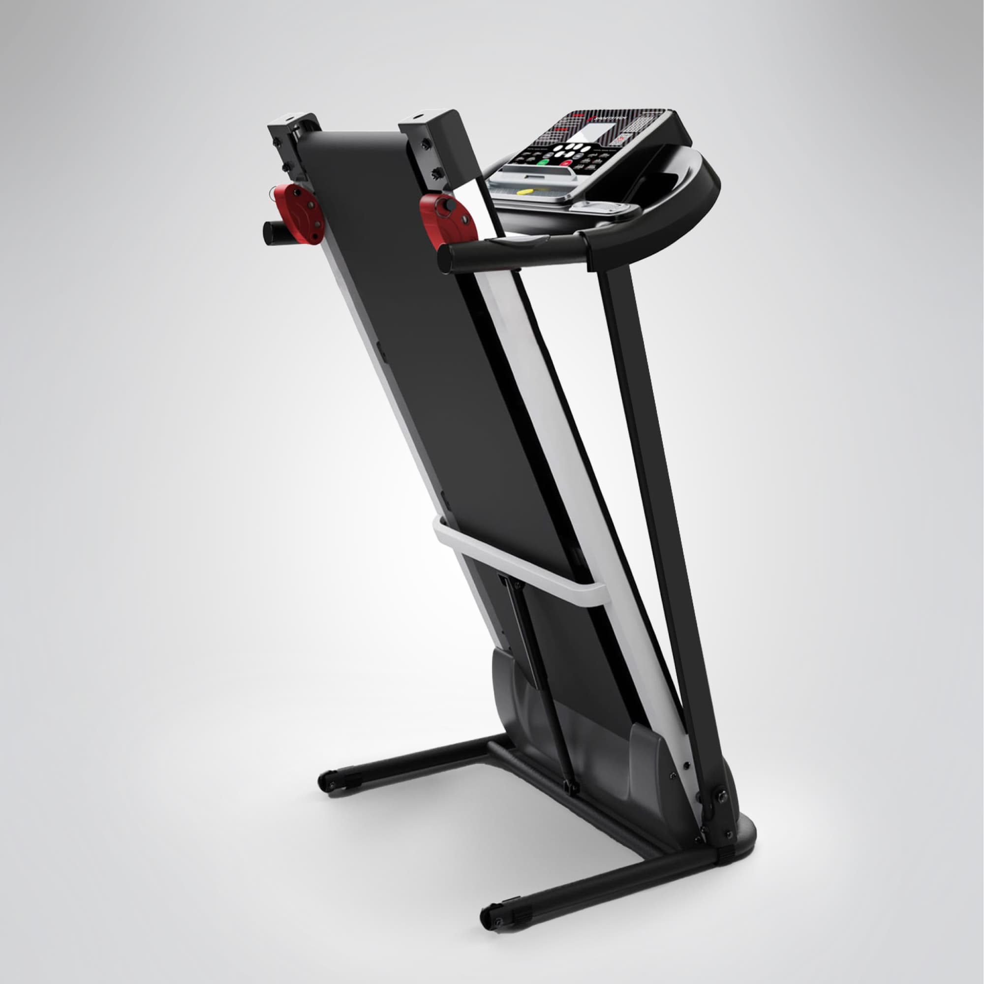 F10 Laufband zusammengeklappt und hochgestellt, platzsparend mit sichtbarem Klappmechanismus