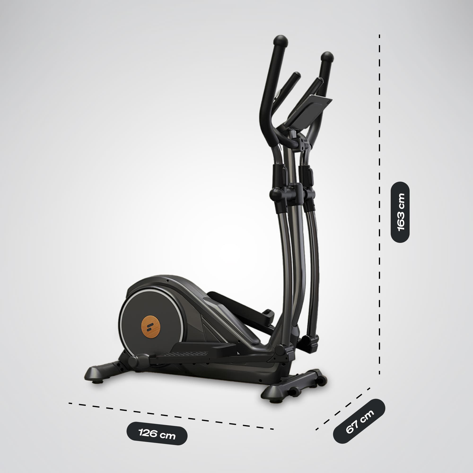 CX625 Crosstrainer seitlich mit Maßangaben 126 cm Länge, 67 cm Breite und 163 cm Höhe