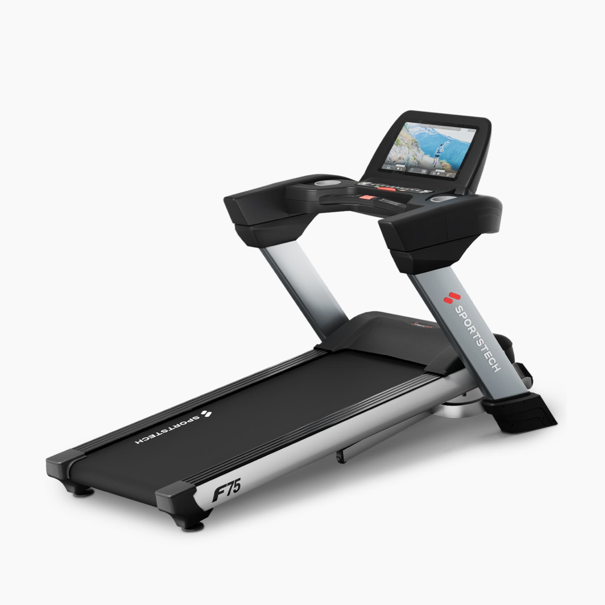 F75 Profi-Laufband in 3/4-Ansicht mit Touchdisplay, Haltegriffen und Lauffläche mit F75-Kennzeichnung