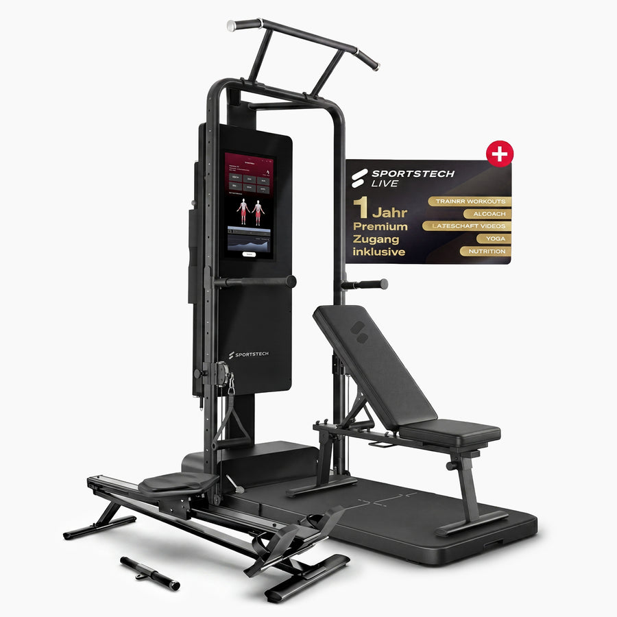 sGym Pro Kraftstation Komplettset mit Klimmzugstange, Touchscreen, sGym Rower und sGym Bench, Freisteller