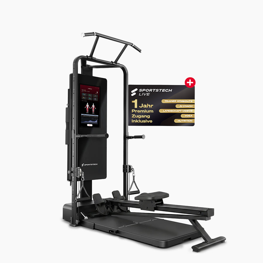 sGym Pro Kraftstation mit angebautem sGym Rower, Klimmzugstange und Touchscreen, Freisteller