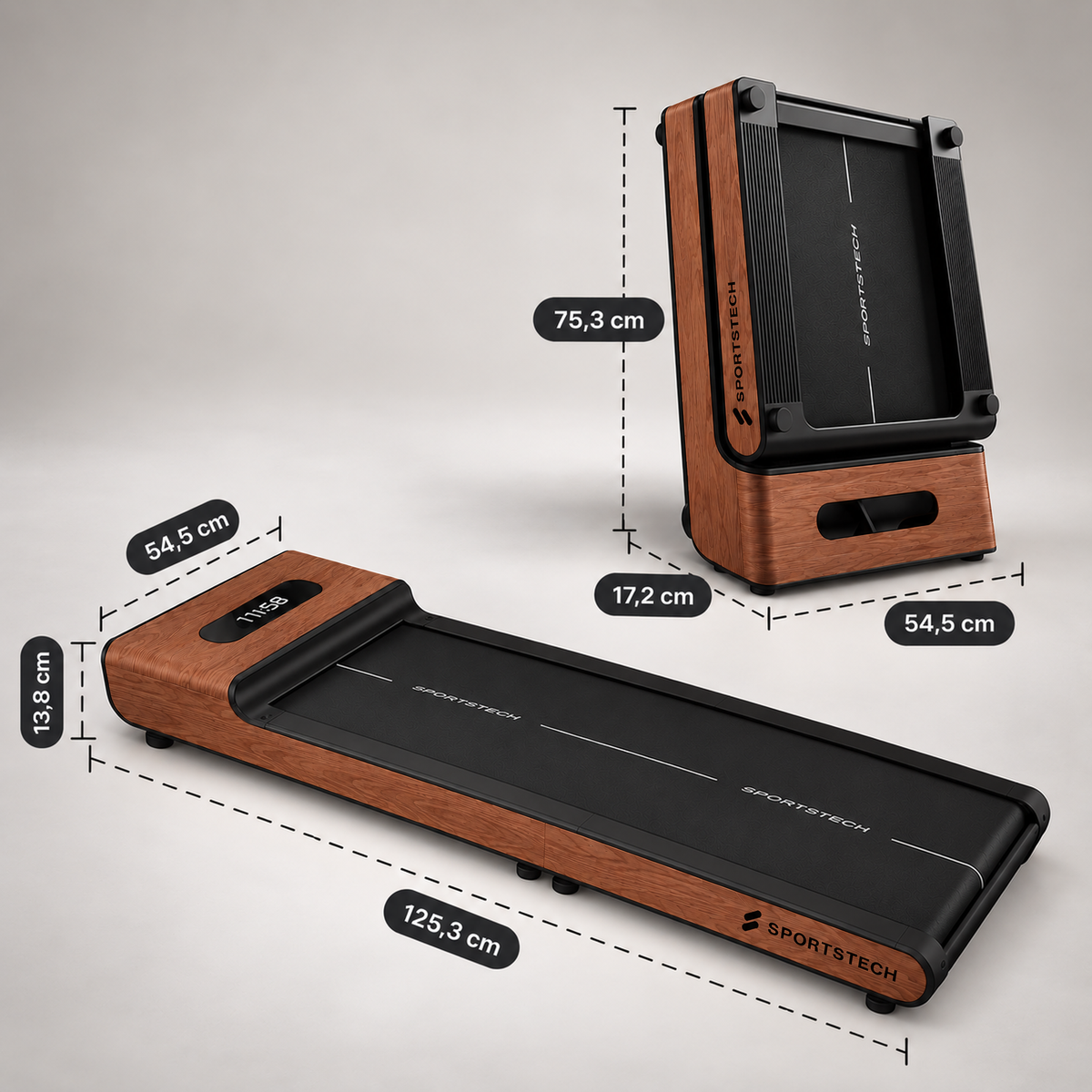 Sportstech WoodPad Pro dunkelbraun Maße: ausgeklappt 125,3 x 54,5 x 13,8 cm, zusammengeklappt 75,3 x 54,5 x 17,2 cm