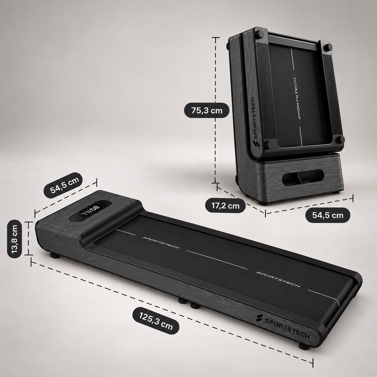 Sportstech WoodPad Pro grau Maße: ausgeklappt 125,3 x 54,5 x 13,8 cm, zusammengeklappt 75,3 x 54,5 x 17,2 cm
