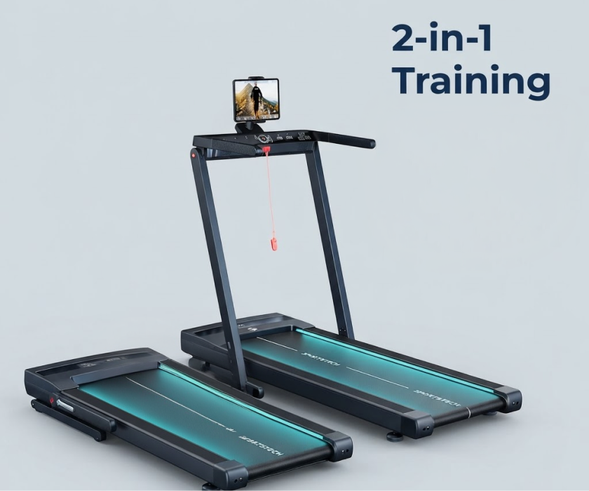 sTread Fold Pro als Walking Pad und als Laufband mit aufgeklapptem Bügel