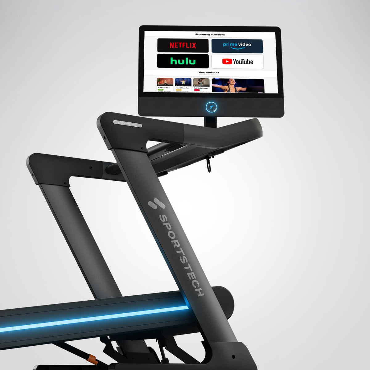Touchscreen des sTread Pro Laufbands mit der Streaming-Uebersicht der integrierten Unterhaltungs-Apps
