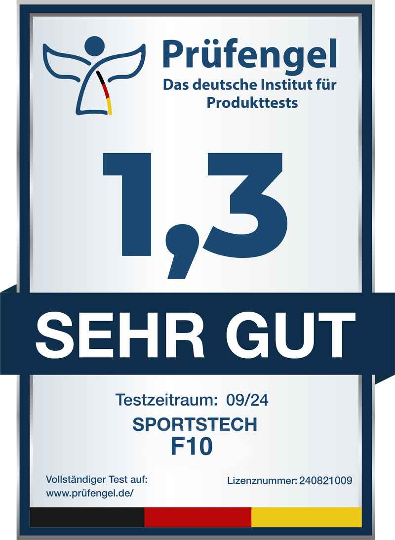 Prüfengel Testurteil SEHR GUT (1,3), Testzeitraum 09/24, Sportstech F10 Laufband