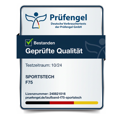 Prüfengel Geprüfte Qualität bestanden, Testzeitraum 10/24, Sportstech F75 Laufband
