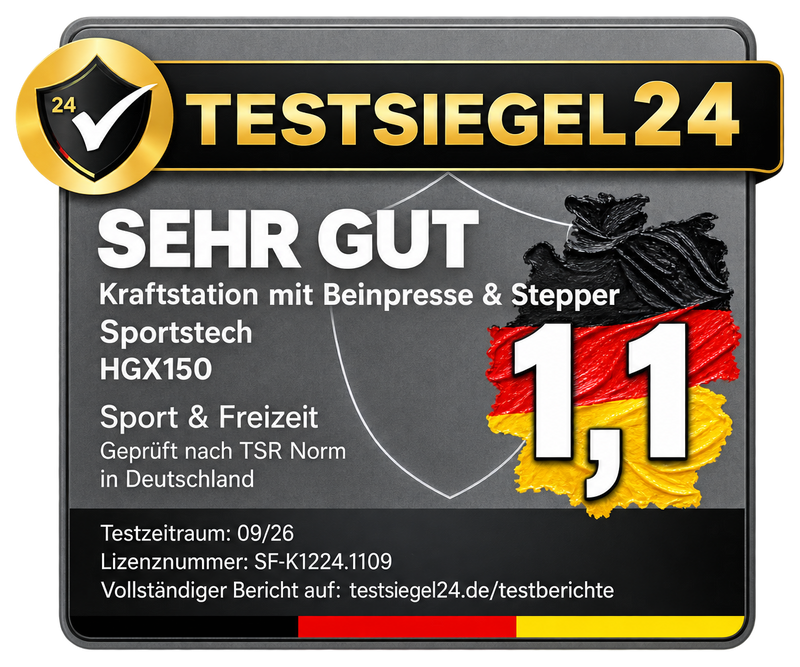 Testsiegel24 SEHR GUT (1,1), Kraftstation mit Beinpresse & Stepper, Testzeitraum 09/26, Sportstech HGX150