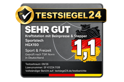 Testsiegel24 SEHR GUT (1,1), Kraftstation mit Beinpresse & Stepper, Testzeitraum 09/26, Sportstech HGX150