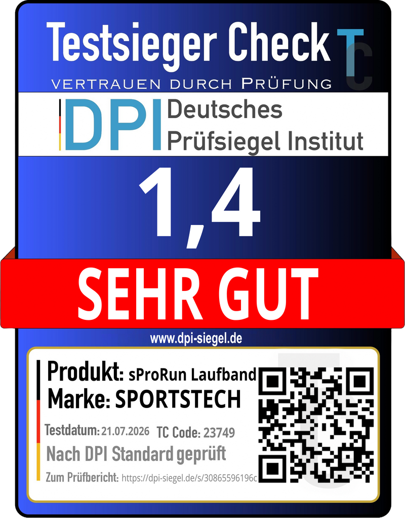 DPI Testsieger Check SEHR GUT (1,4), Testdatum 21.07.2026, Sportstech sProRun Laufband