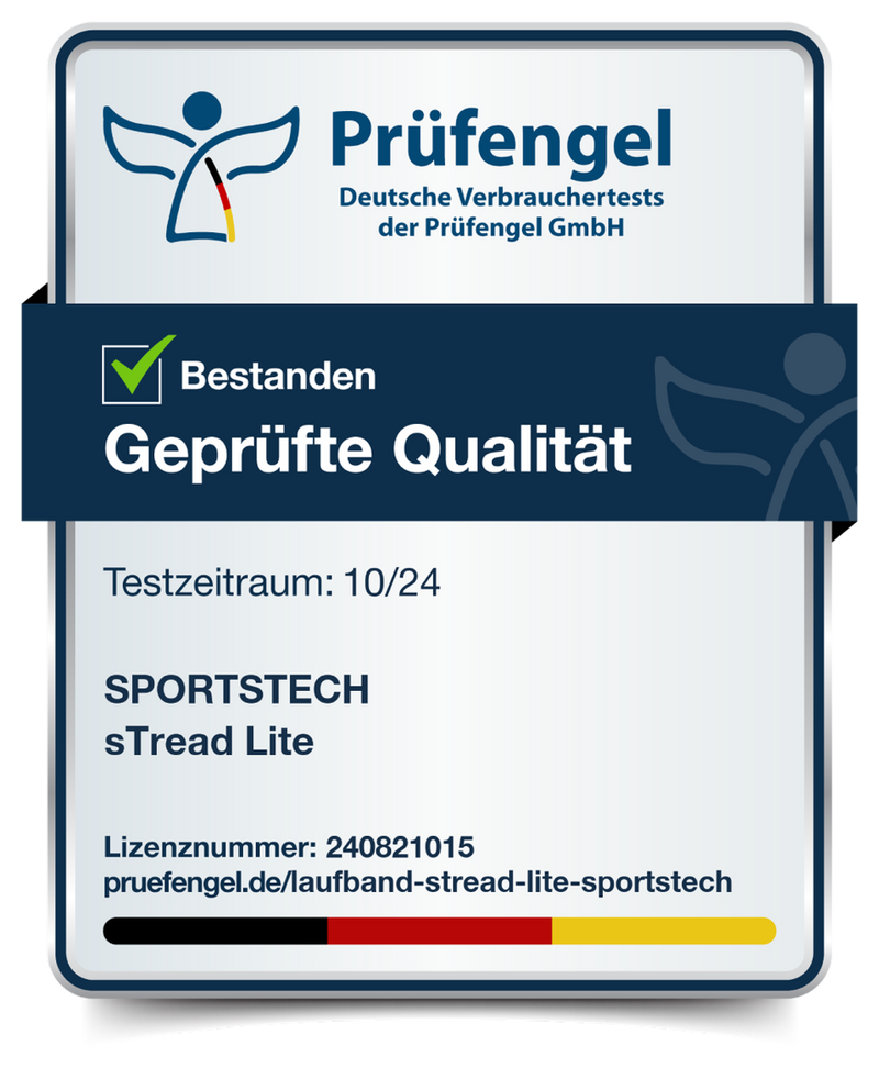 Prüfengel Geprüfte Qualität bestanden, Testzeitraum 10/24, Sportstech sTread Lite Laufband