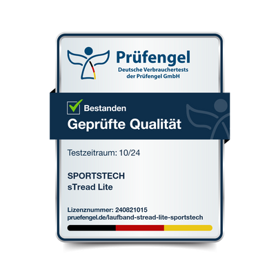 Prüfengel Geprüfte Qualität bestanden, Testzeitraum 10/24, Sportstech sTread Lite Laufband