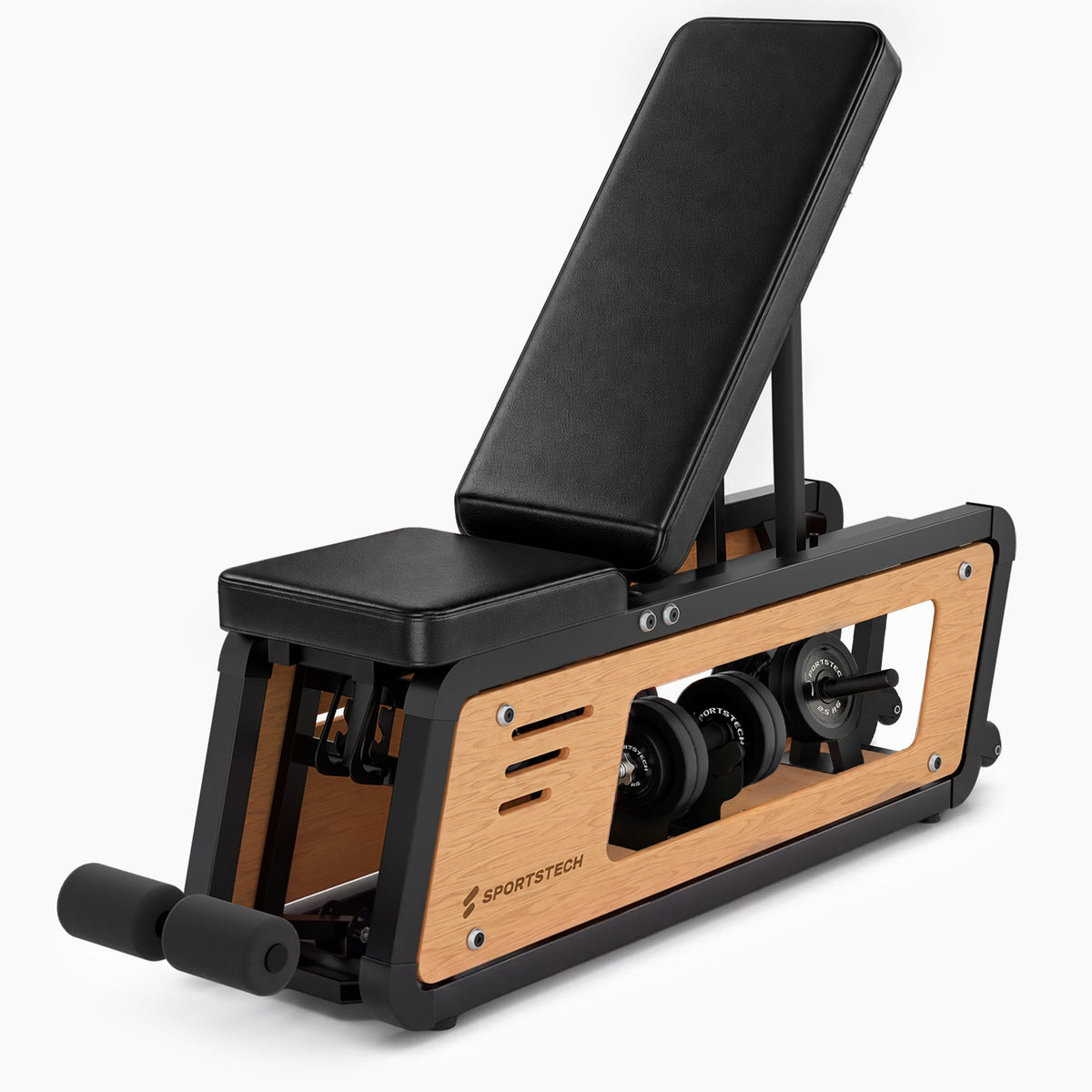 Sportstech Woodmate Lite Hantelbank in Schwarz mit Holzverkleidung, Rückenlehne aufgestellt