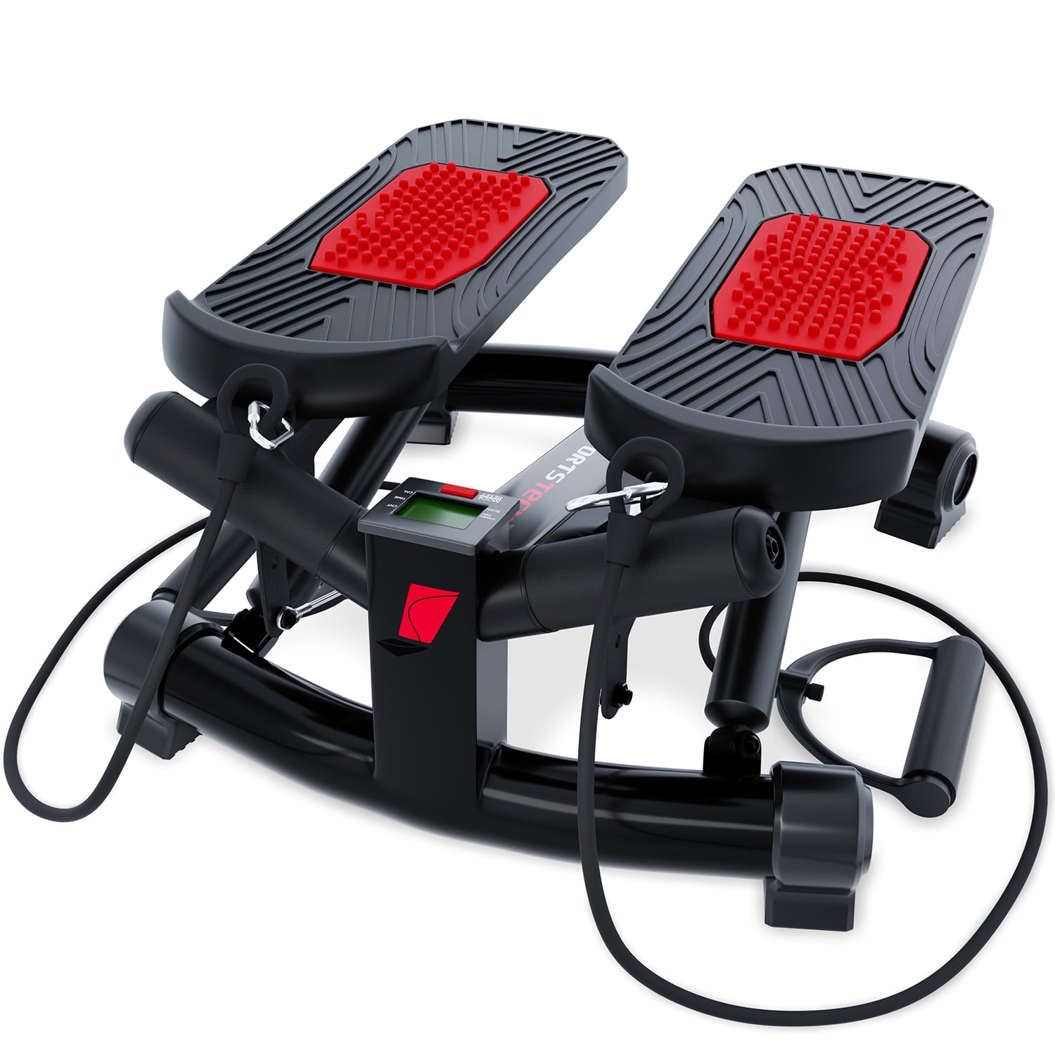 STX300 Stepper in 3/4-Ansicht mit roten Massage-Trittflächen, Display und zwei schwarzen Expander-Zugbändern